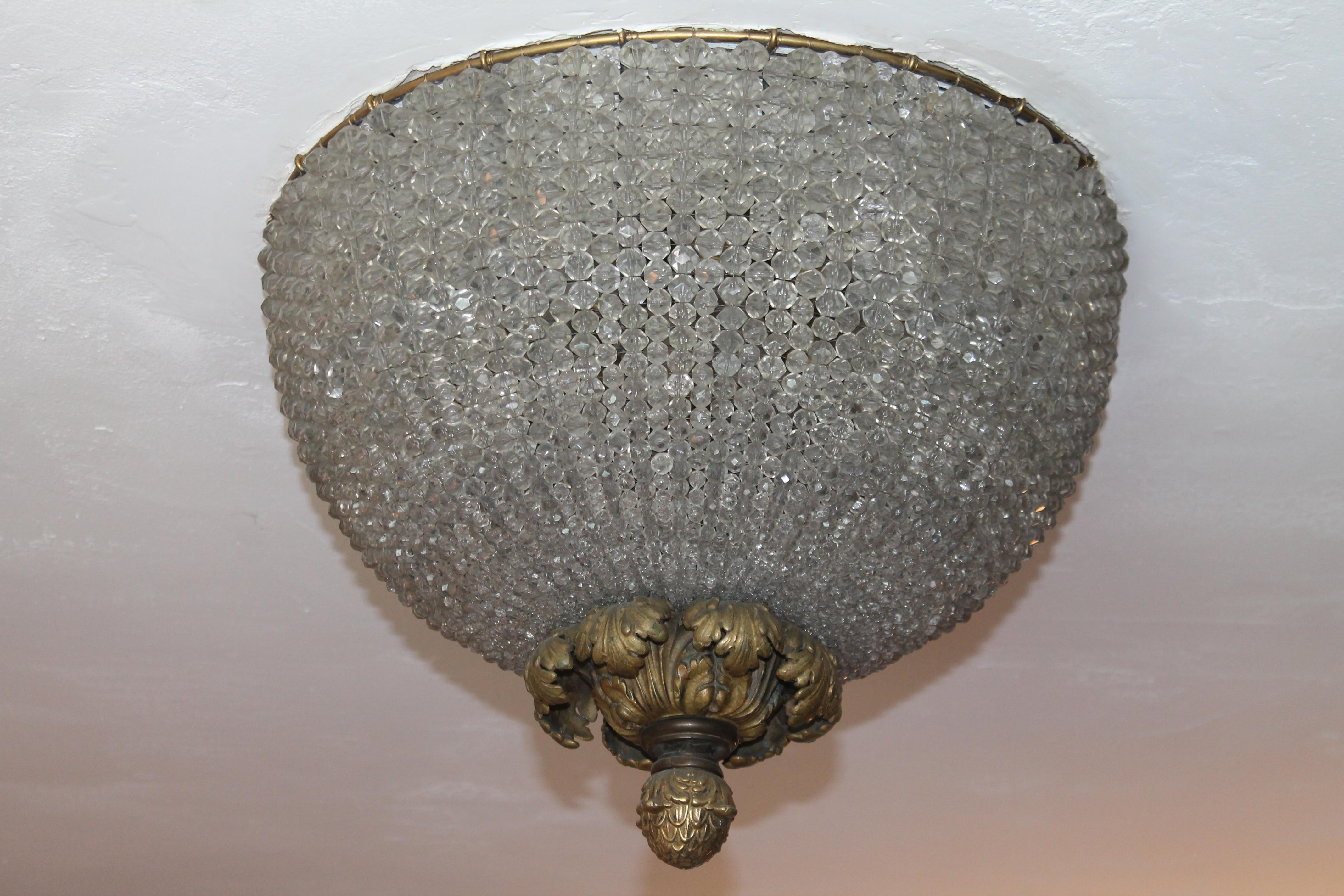 Huge 1890's French Napoleon III Cut Crystal Beaded Dome Flush Mount Ceiling Fixture. 6 lights. Bronze acanthus base.