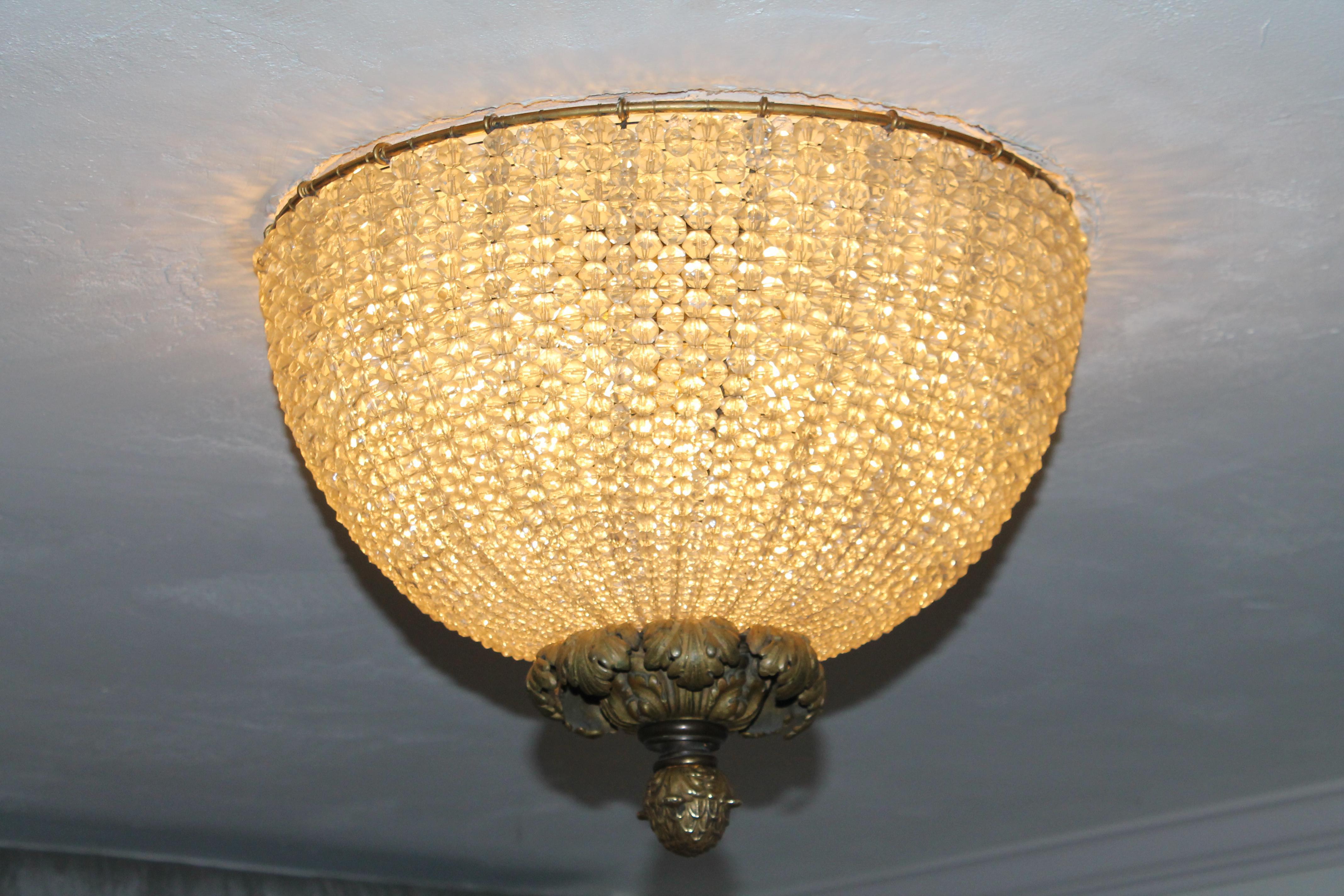 19thc XL French Napoleon III Cut Crystal Beaded Dome Flush Mount Ceiling Fixture In Fair Condition For Sale In Opa Locka, FL