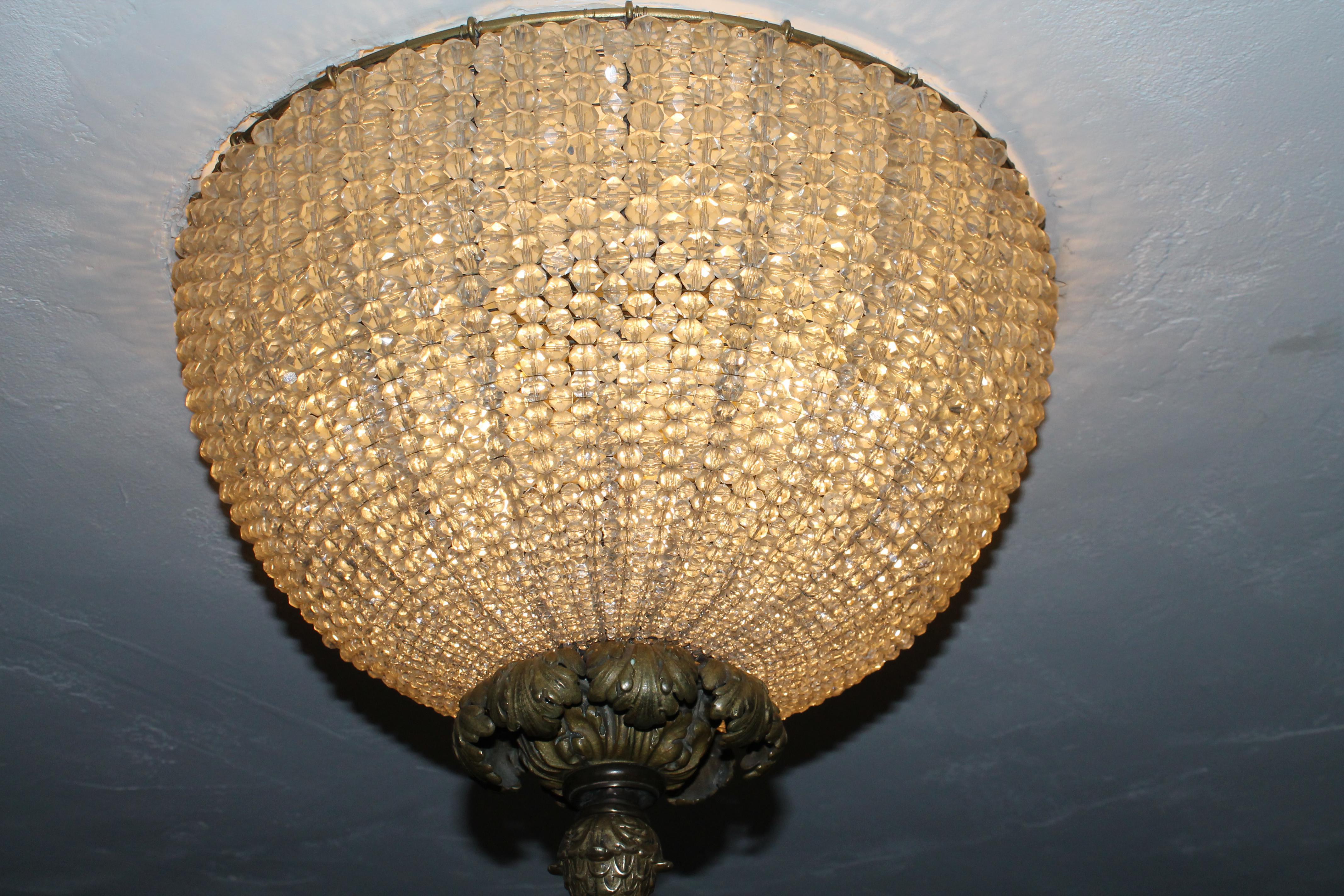 19thc XL French Napoleon III Cut Crystal Beaded Dome Flush Mount Ceiling Fixture For Sale 1