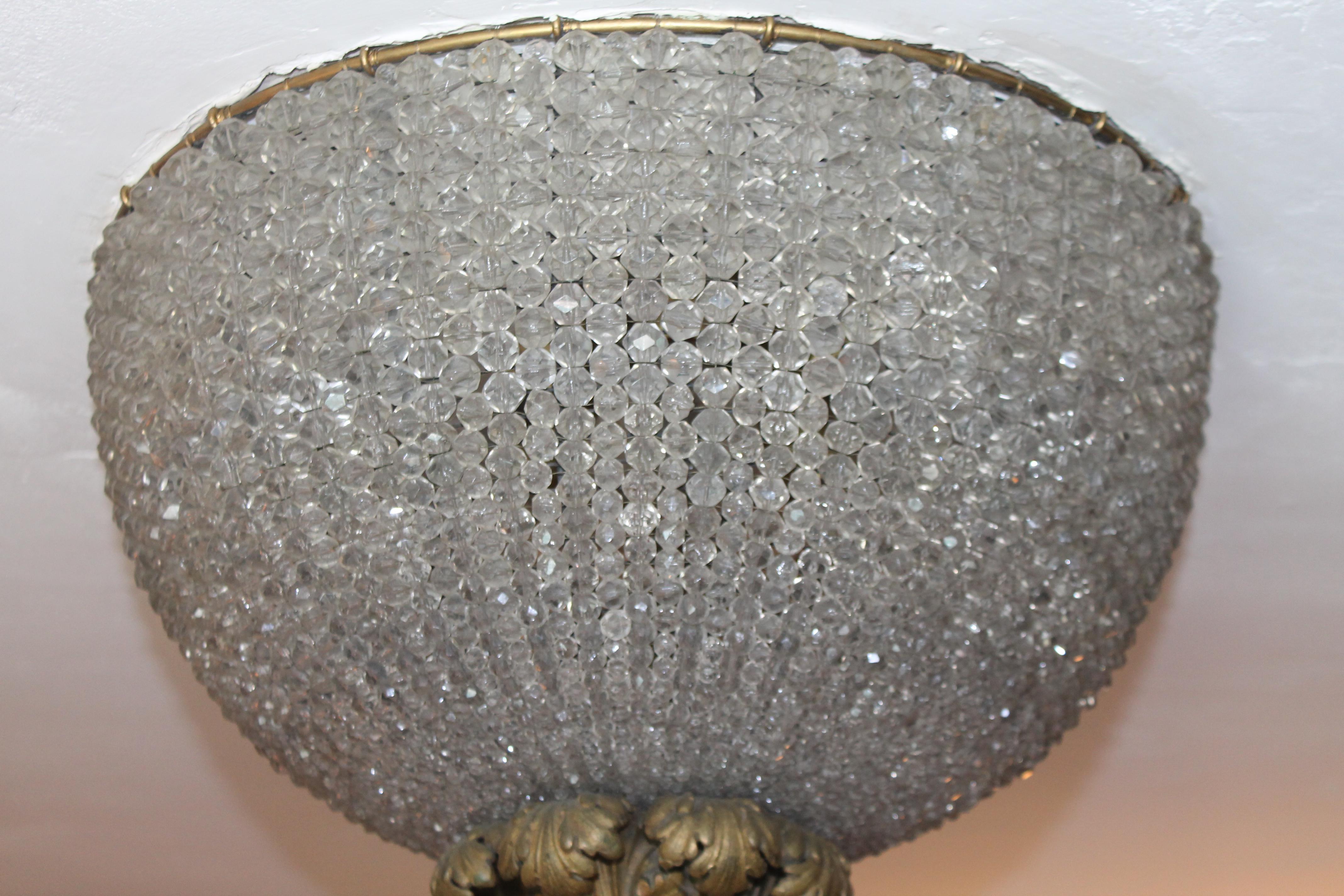 19thc XL French Napoleon III Cut Crystal Beaded Dome Flush Mount Ceiling Fixture For Sale 2