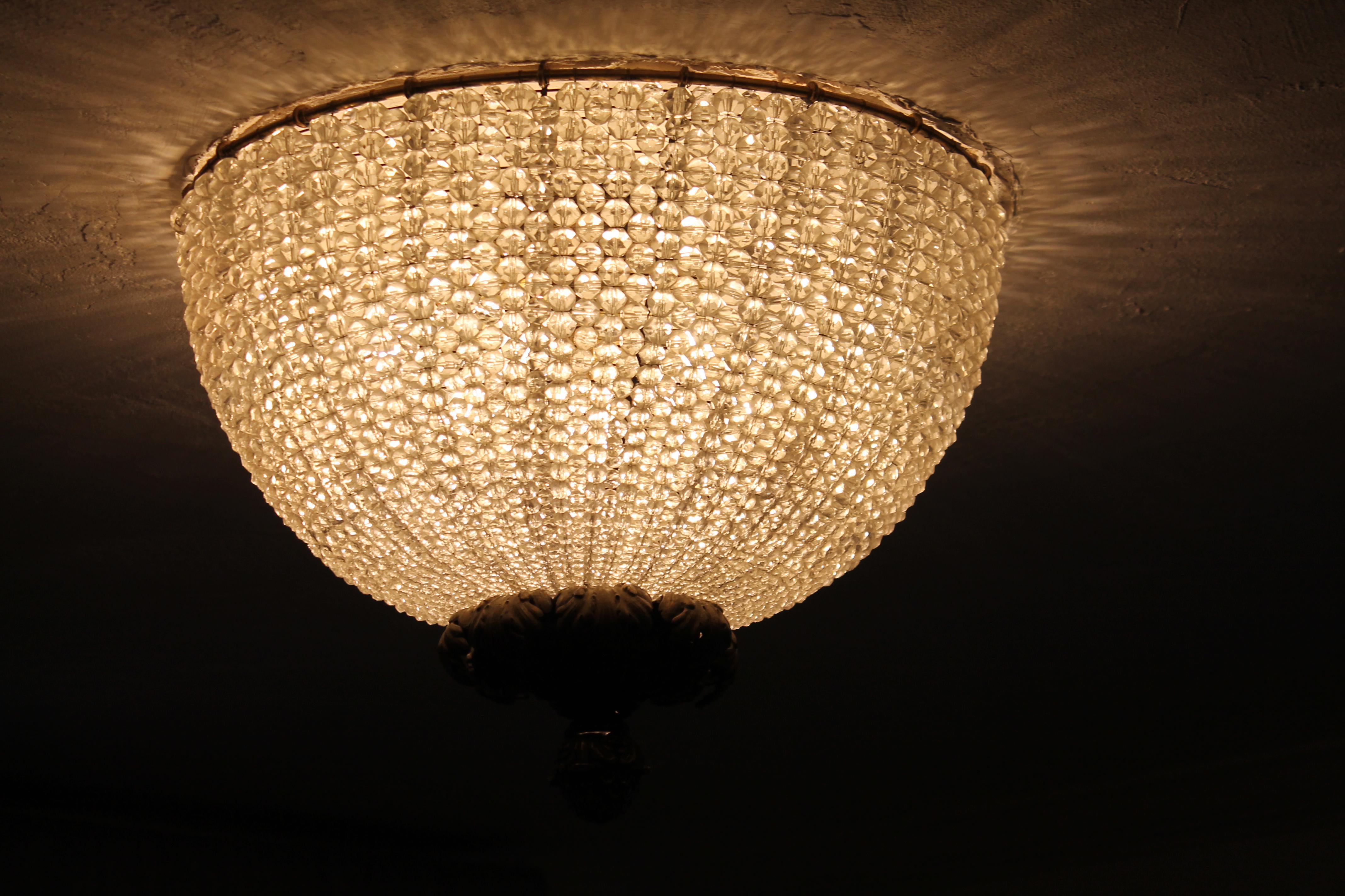 19thc XL French Napoleon III Cut Crystal Beaded Dome Flush Mount Ceiling Fixture For Sale 4