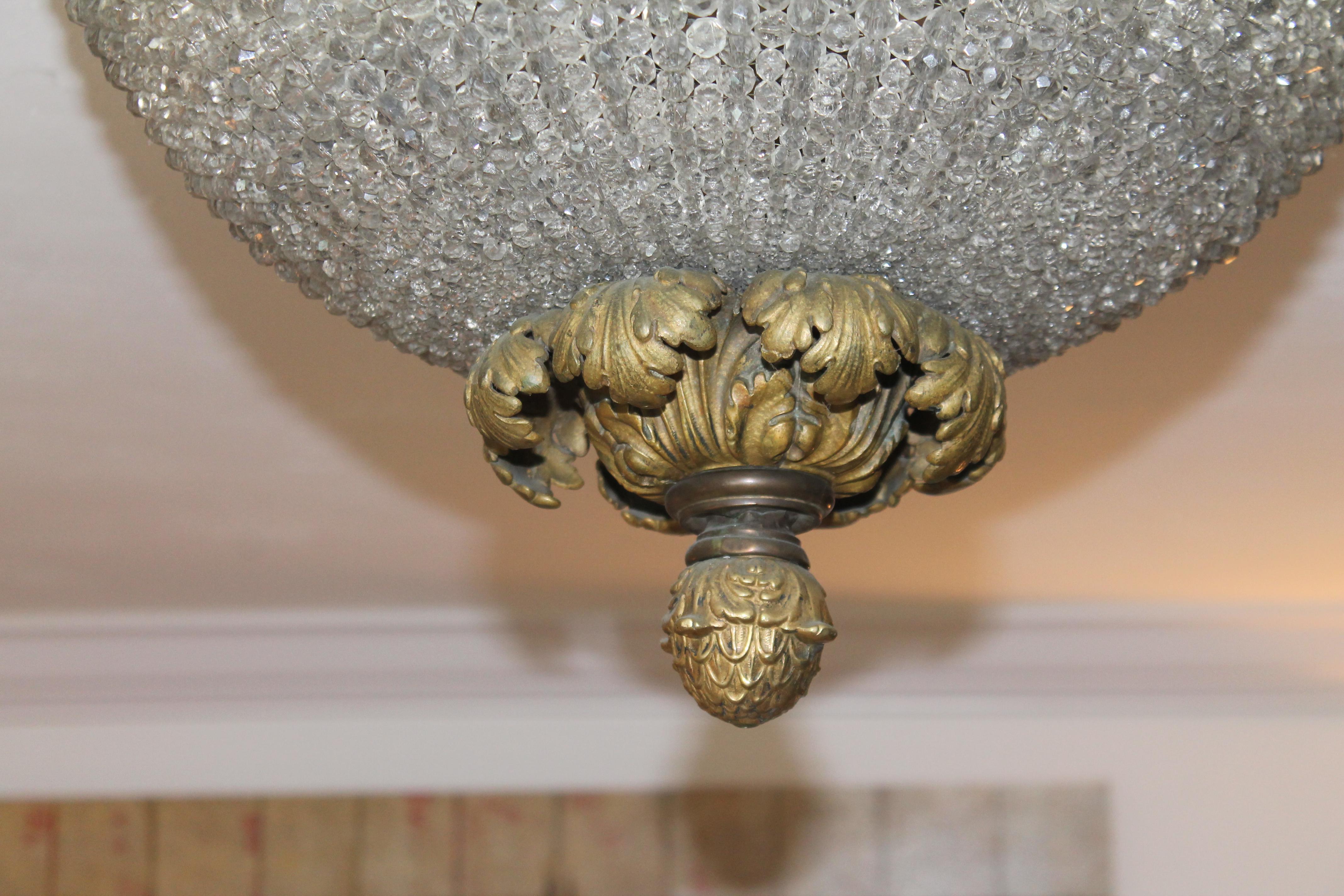 19thc XL French Napoleon III Cut Crystal Beaded Dome Flush Mount Ceiling Fixture For Sale 5