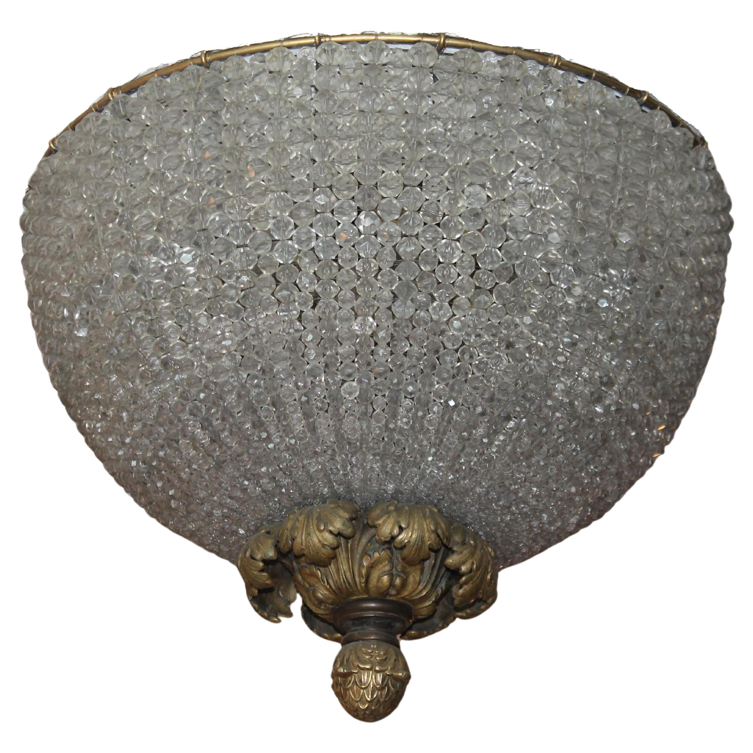 19thc XL French Napoleon III Cut Crystal Beaded Dome Flush Mount Ceiling Fixture For Sale