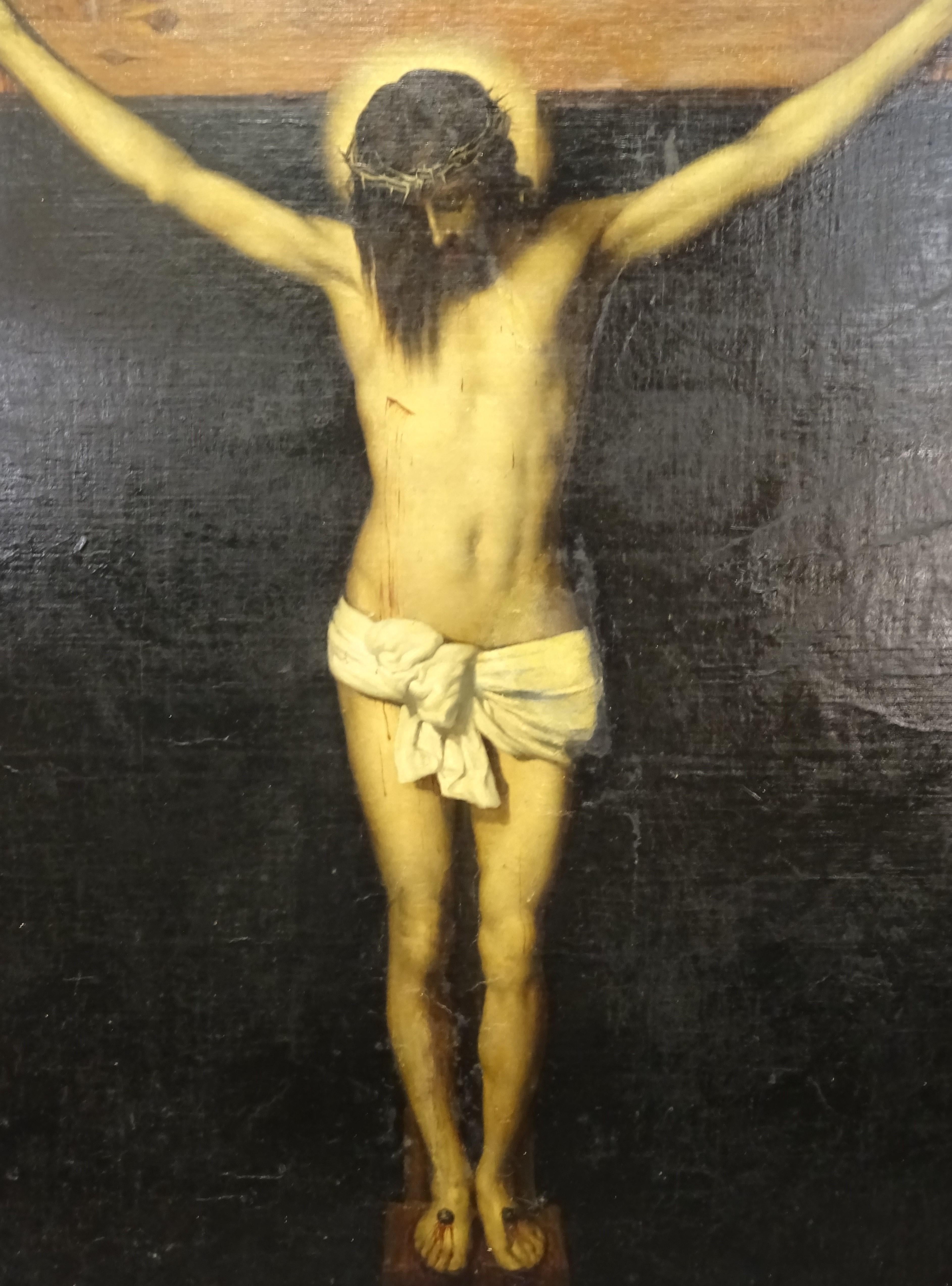 Hand-Crafted 19th Century after Spanish Painter Velazquez Christ Oil on Canvas and Wood Frame