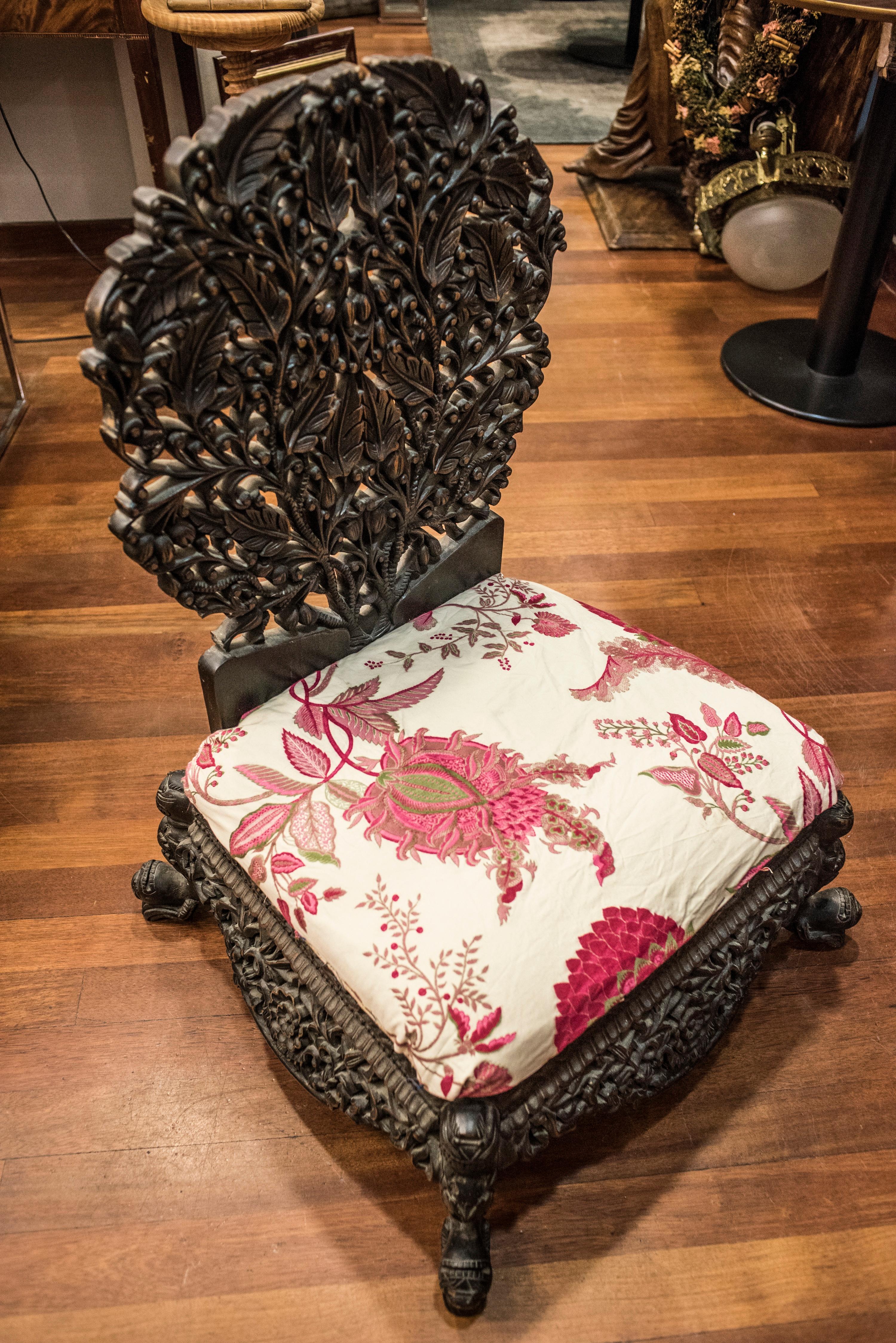 19thcentury Anglo-Raj Indian Black Carved Floral Hardwood Child Chair  3