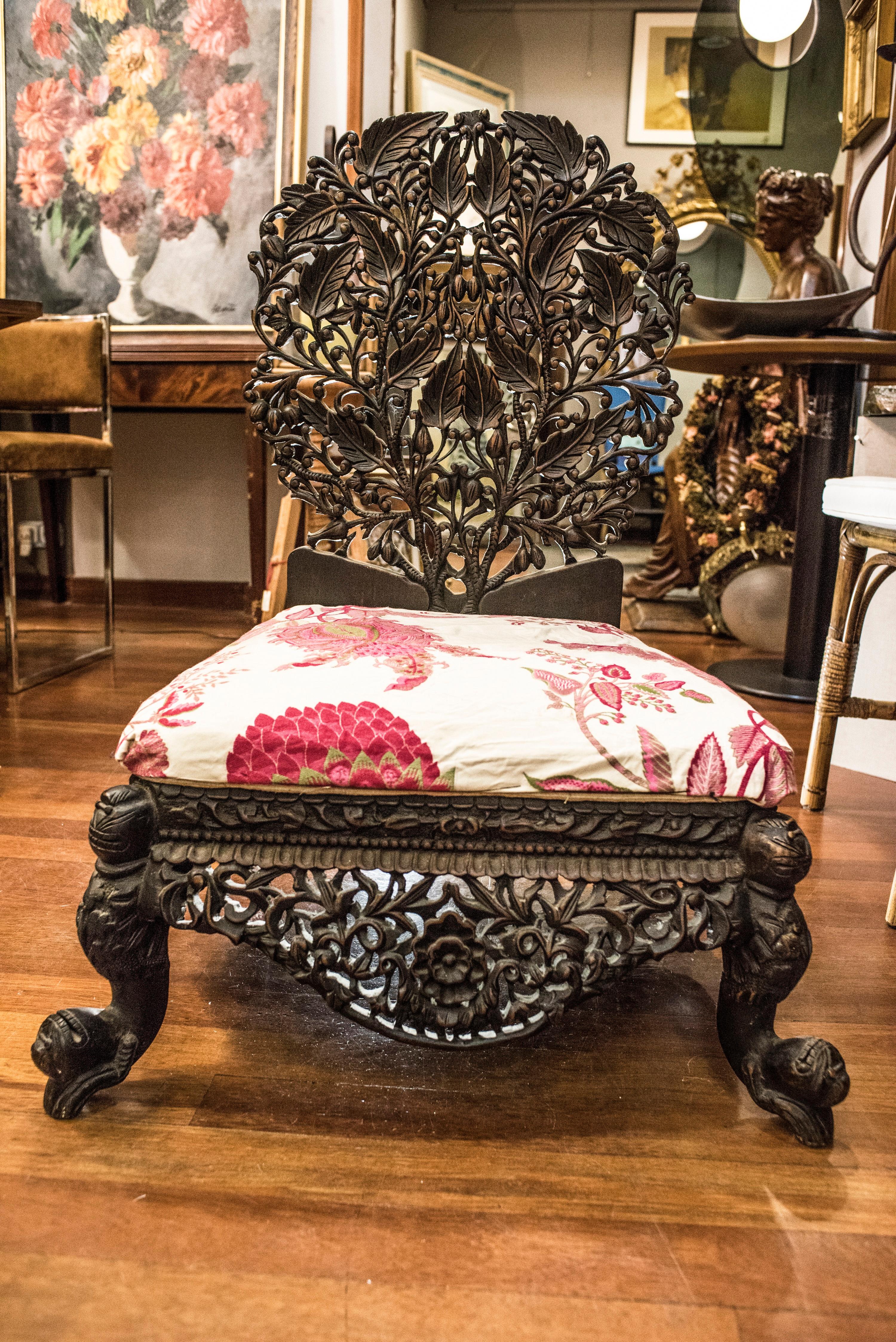 19thcentury Anglo-Raj Indian Black Carved Floral Hardwood Child Chair  12
