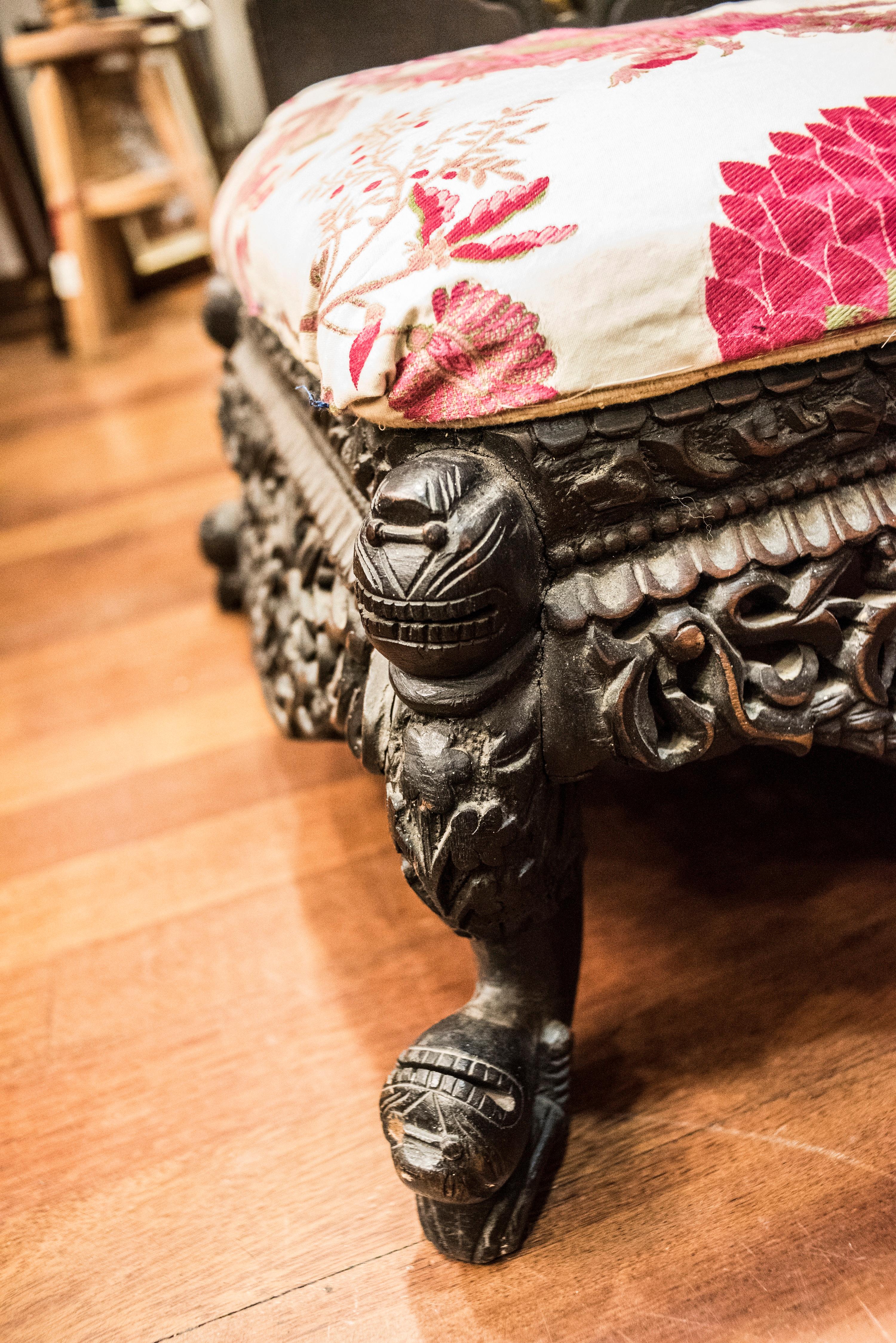 19thcentury Anglo-Raj Indian Black Carved Floral Hardwood Child Chair  2