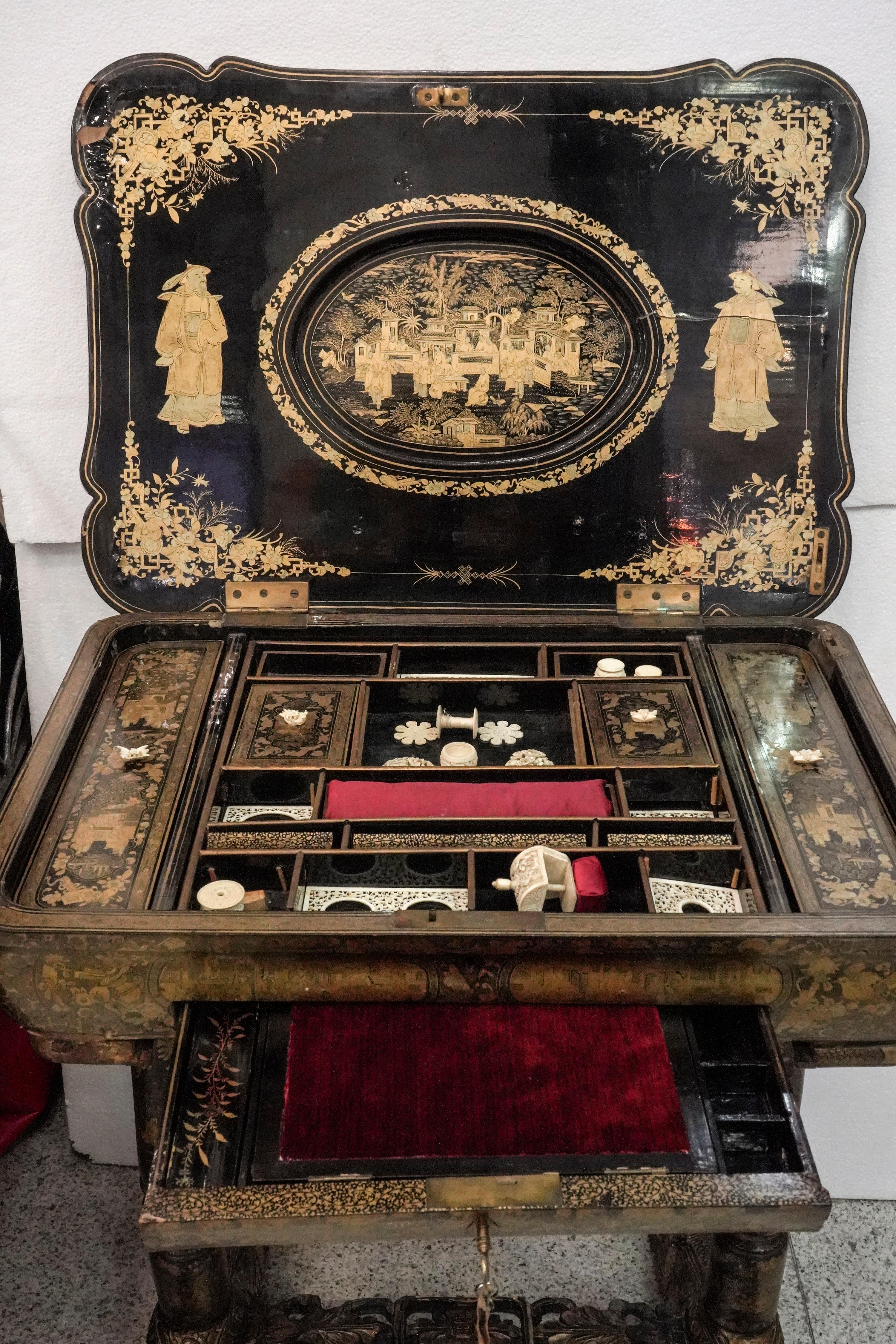19th Century Chinese Black, Golded Lacquered Sewing Box and Writing Table 8