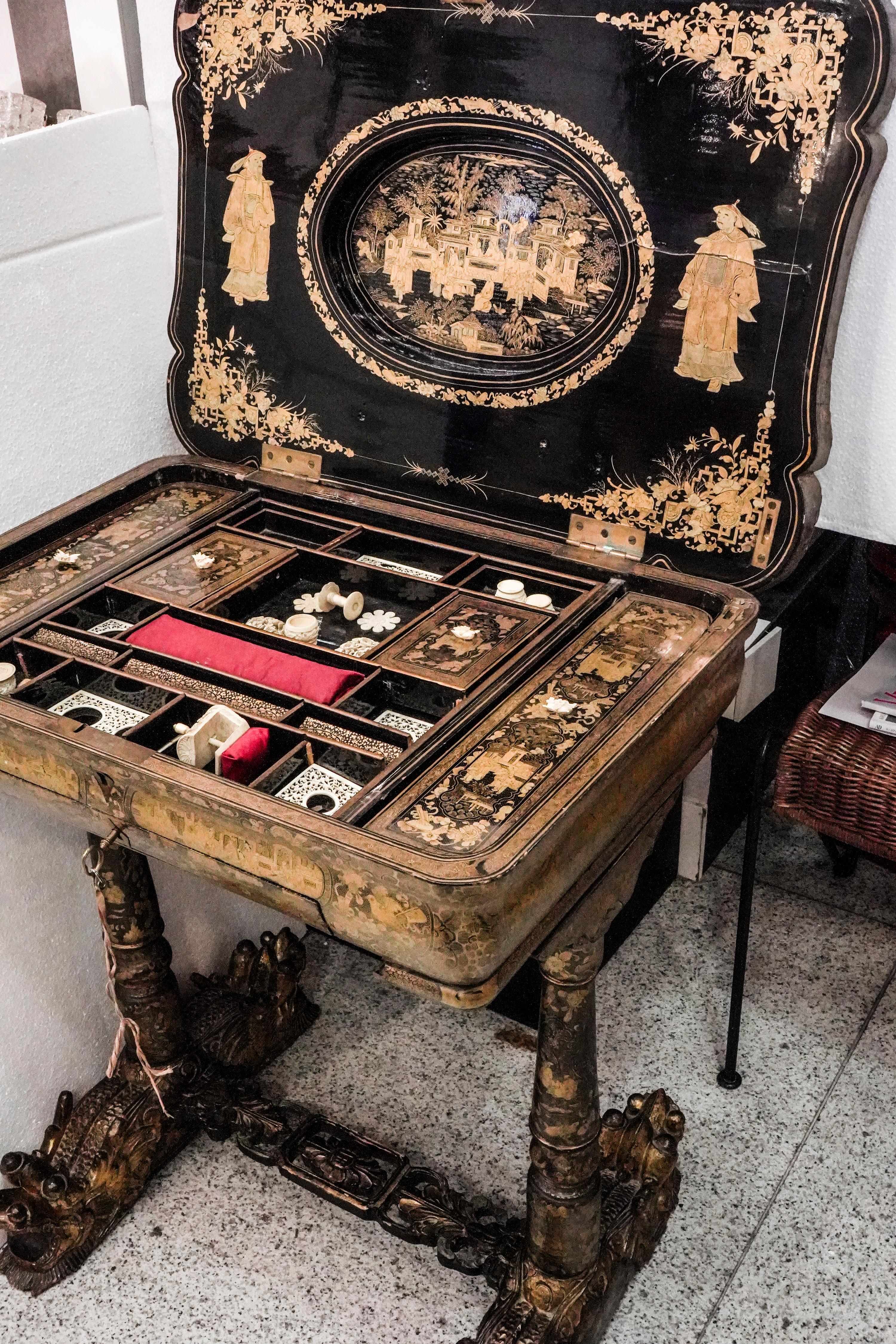 19th Century Chinese Black, Golded Lacquered Sewing Box and Writing Table 9