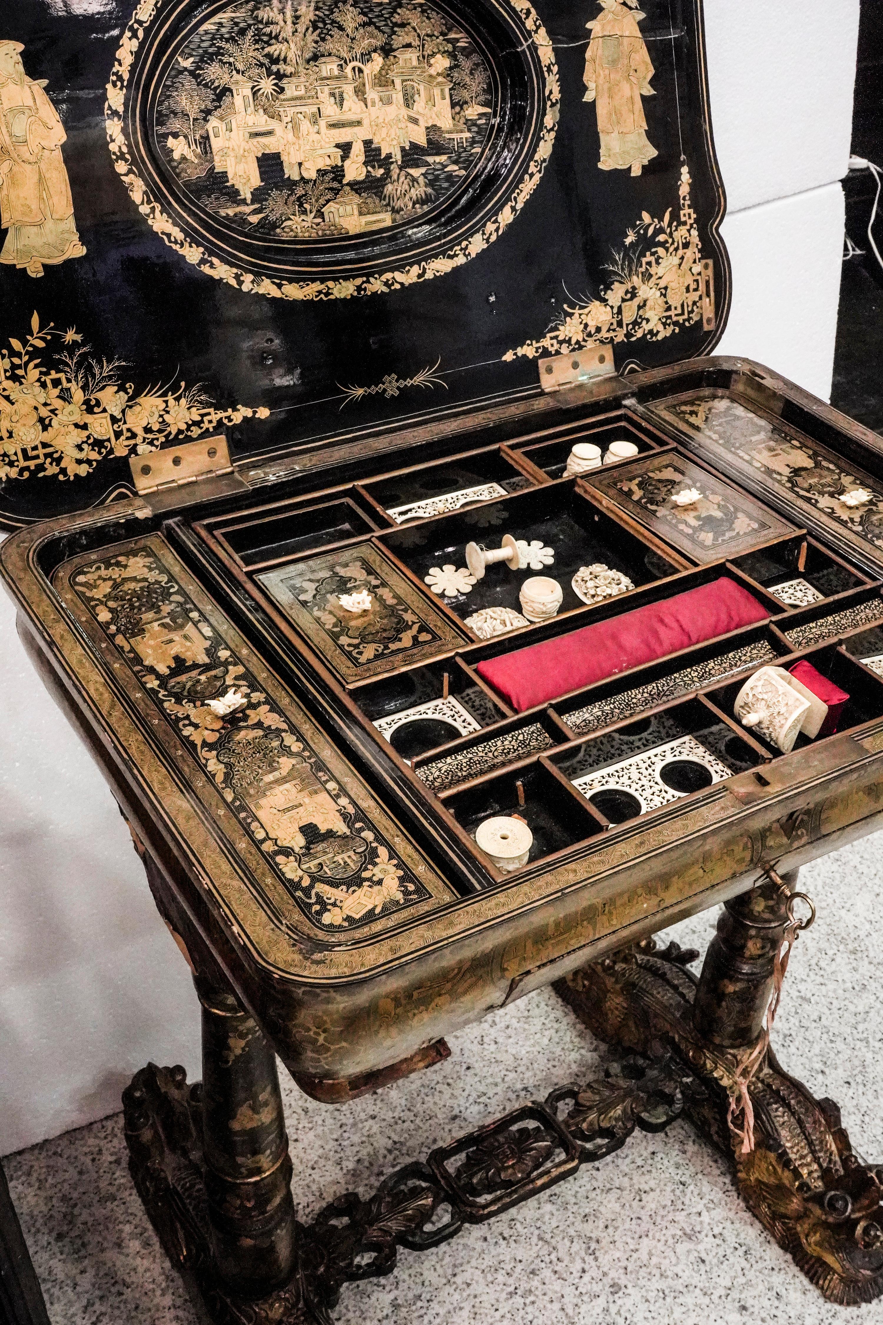19th Century Chinese Black, Golded Lacquered Sewing Box and Writing Table 10