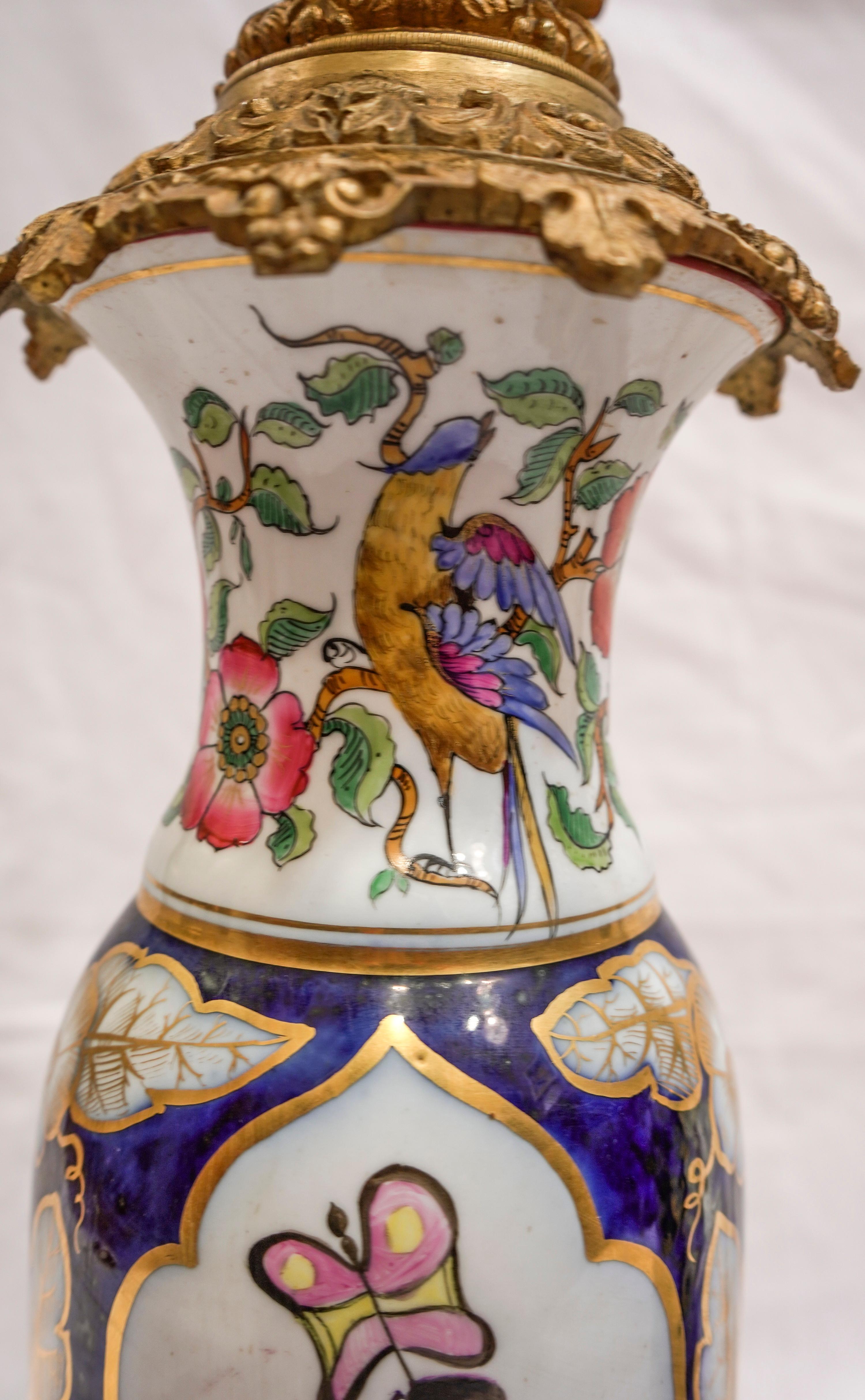 19th Century Cobaltblue Samson Porcelain Vases Made Oil Lamps, Ormolu Bronzes 4