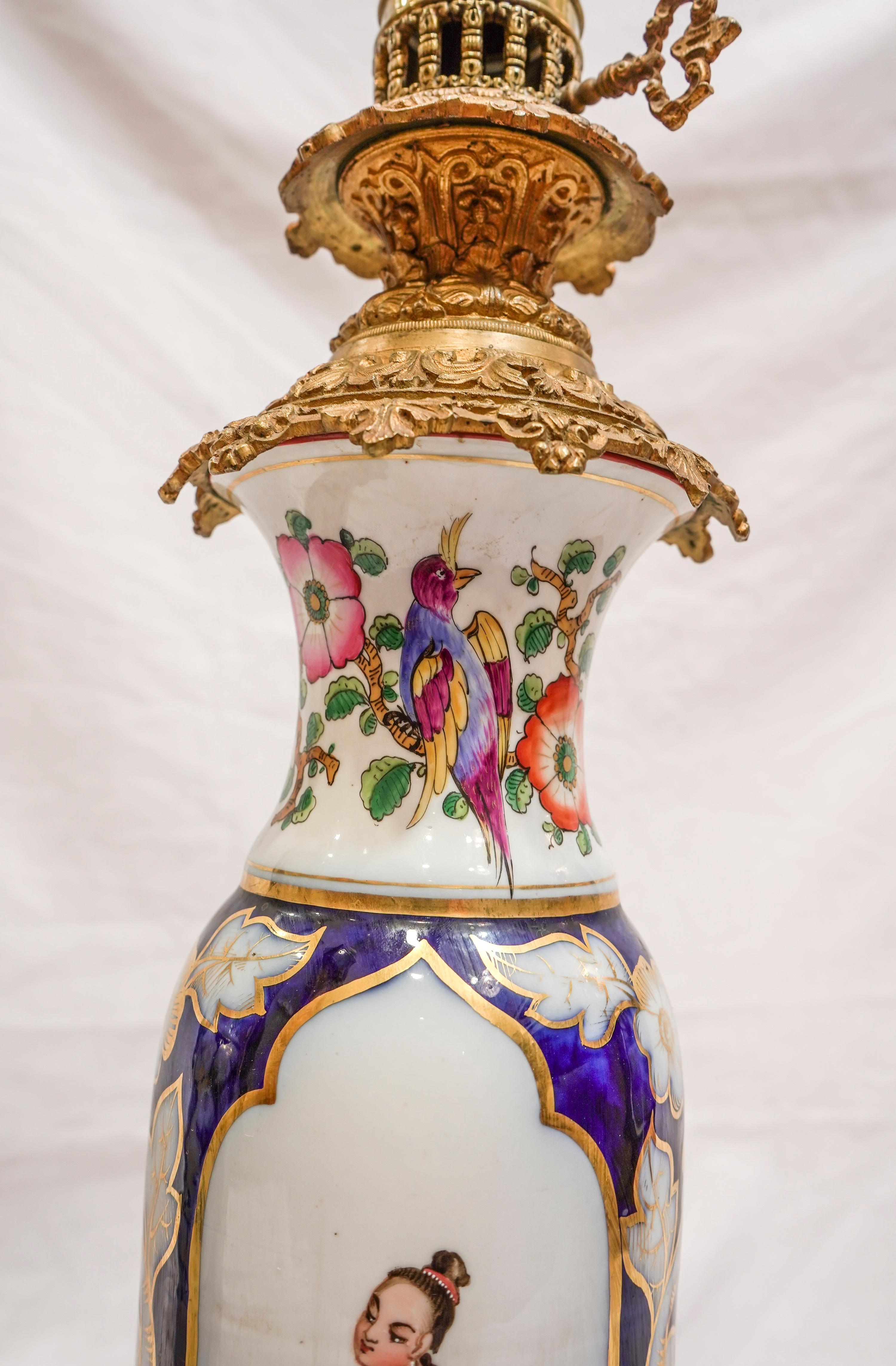 19th Century Cobaltblue Samson Porcelain Vases Made Oil Lamps, Ormolu Bronzes 10