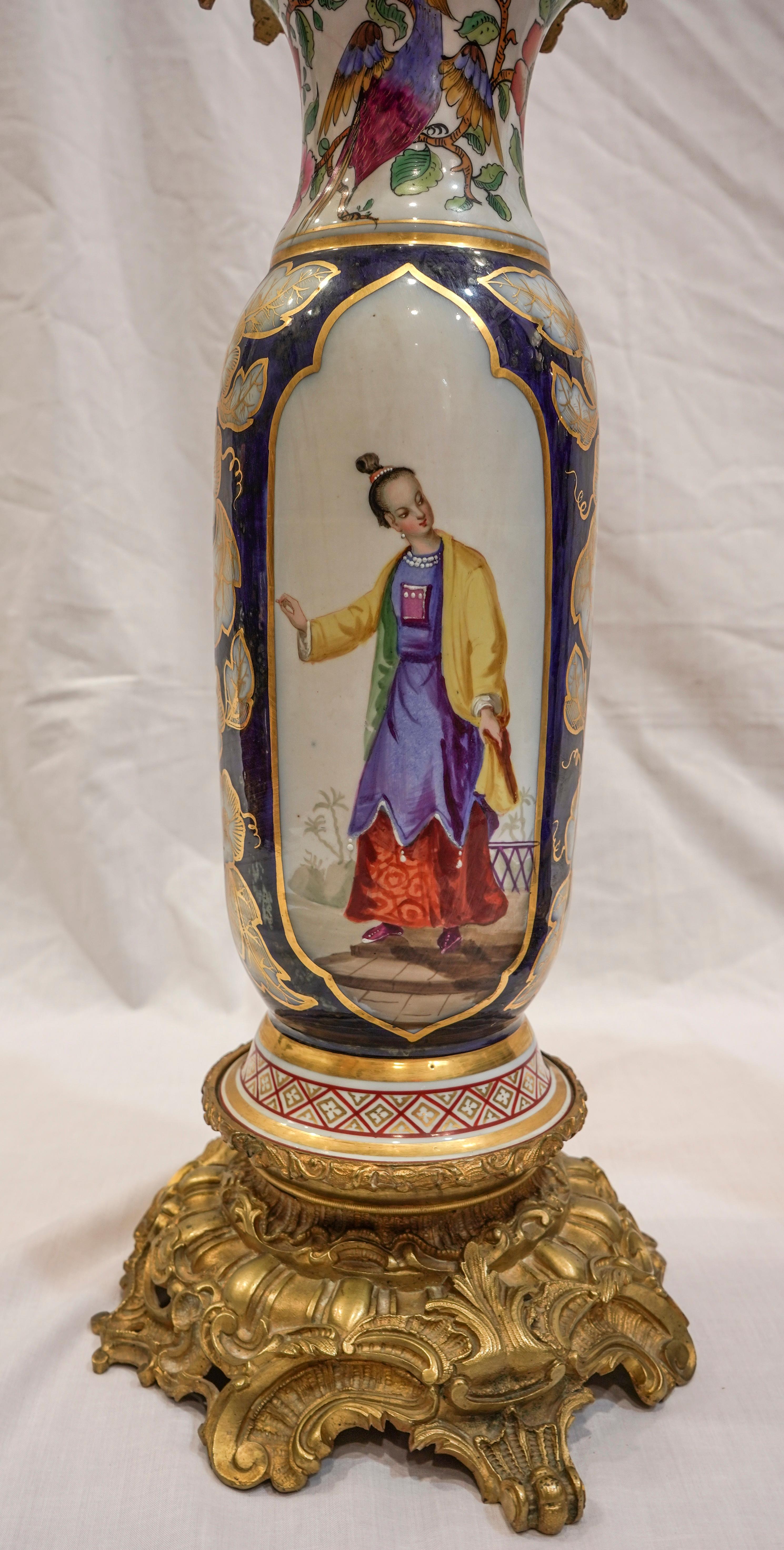French 19th Century Cobaltblue Samson Porcelain Vases Made Oil Lamps, Ormolu Bronzes