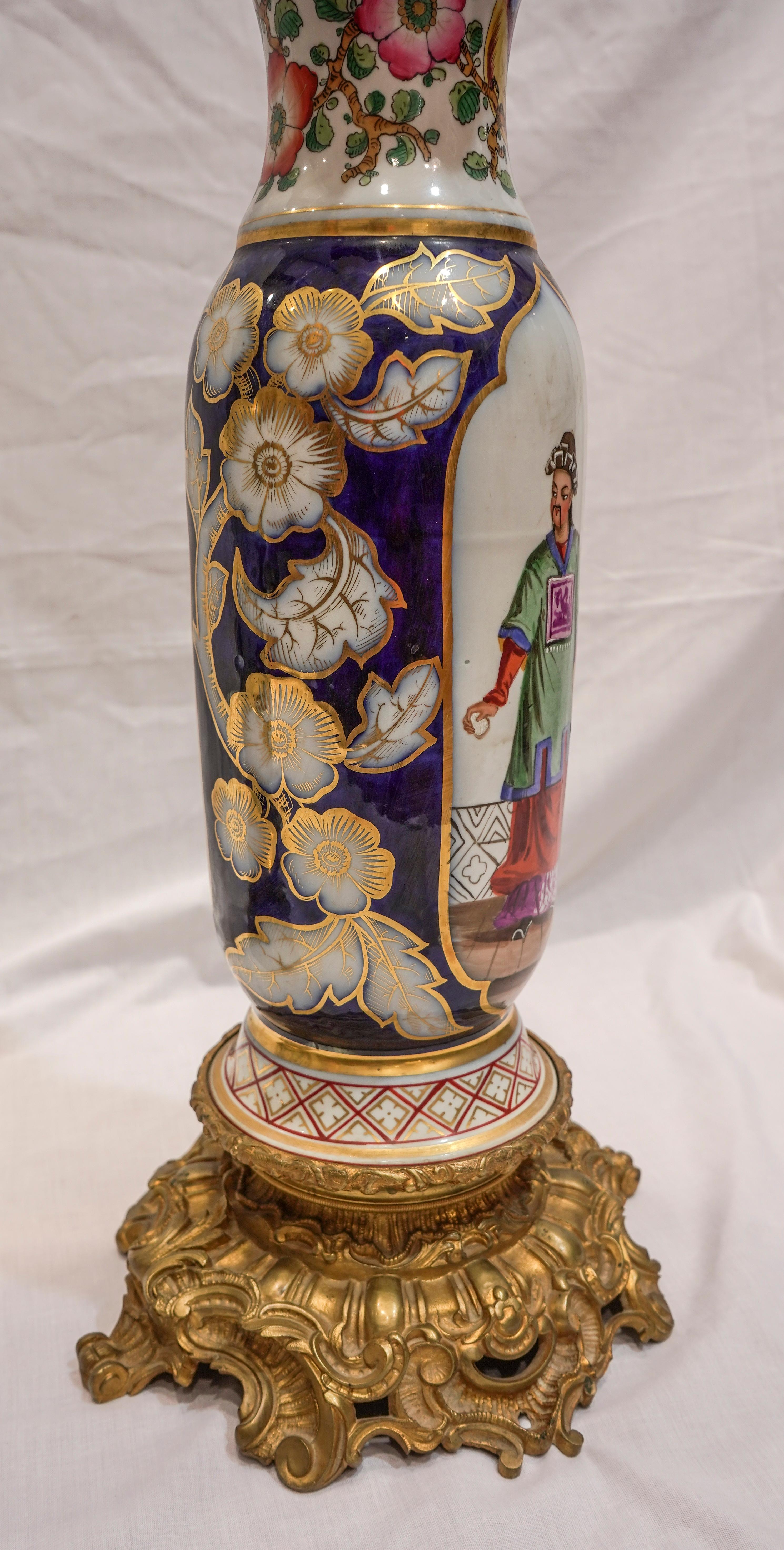 Mid-19th Century 19th Century Cobaltblue Samson Porcelain Vases Made Oil Lamps, Ormolu Bronzes