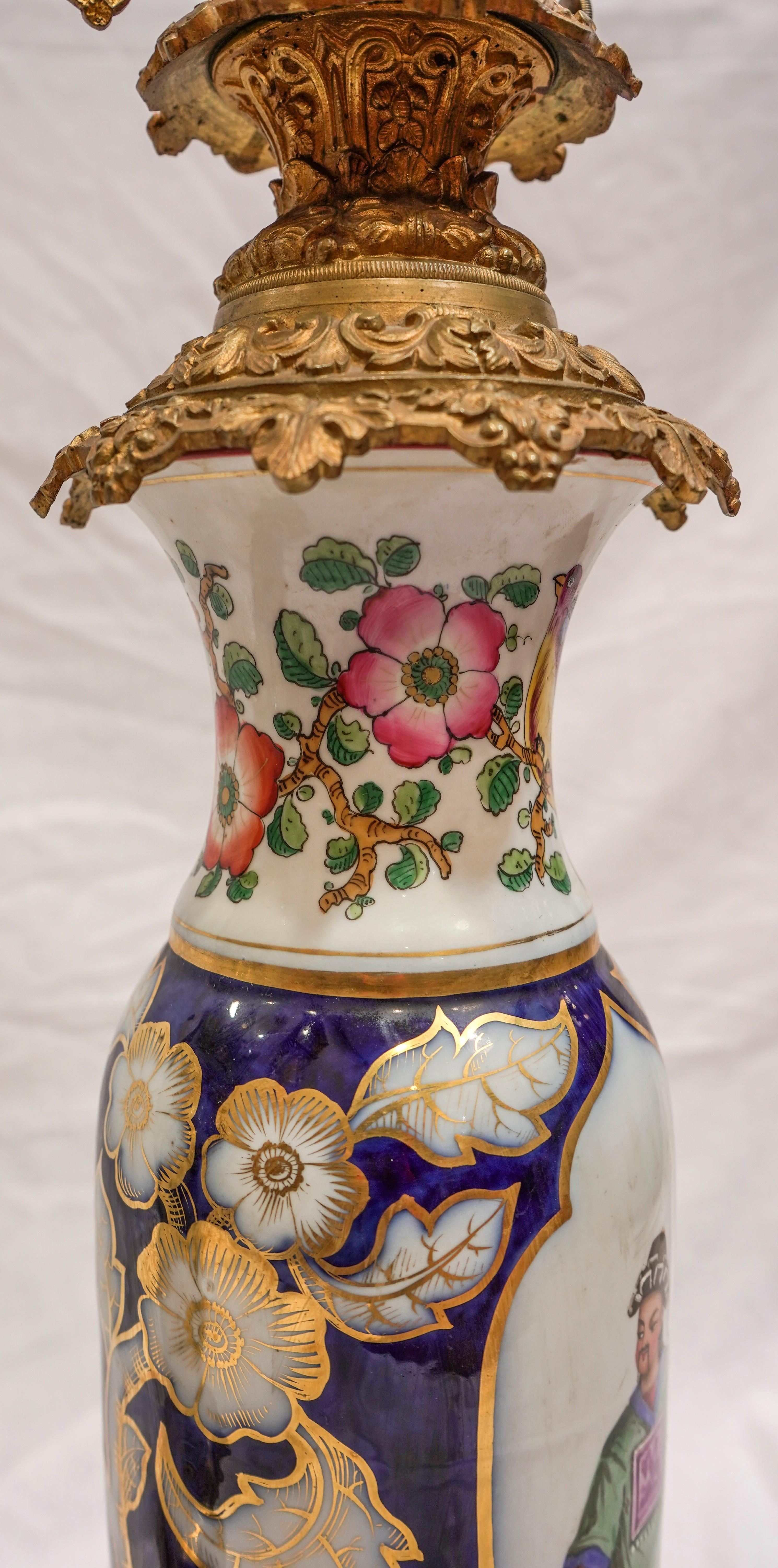 19th Century Cobaltblue Samson Porcelain Vases Made Oil Lamps, Ormolu Bronzes 1