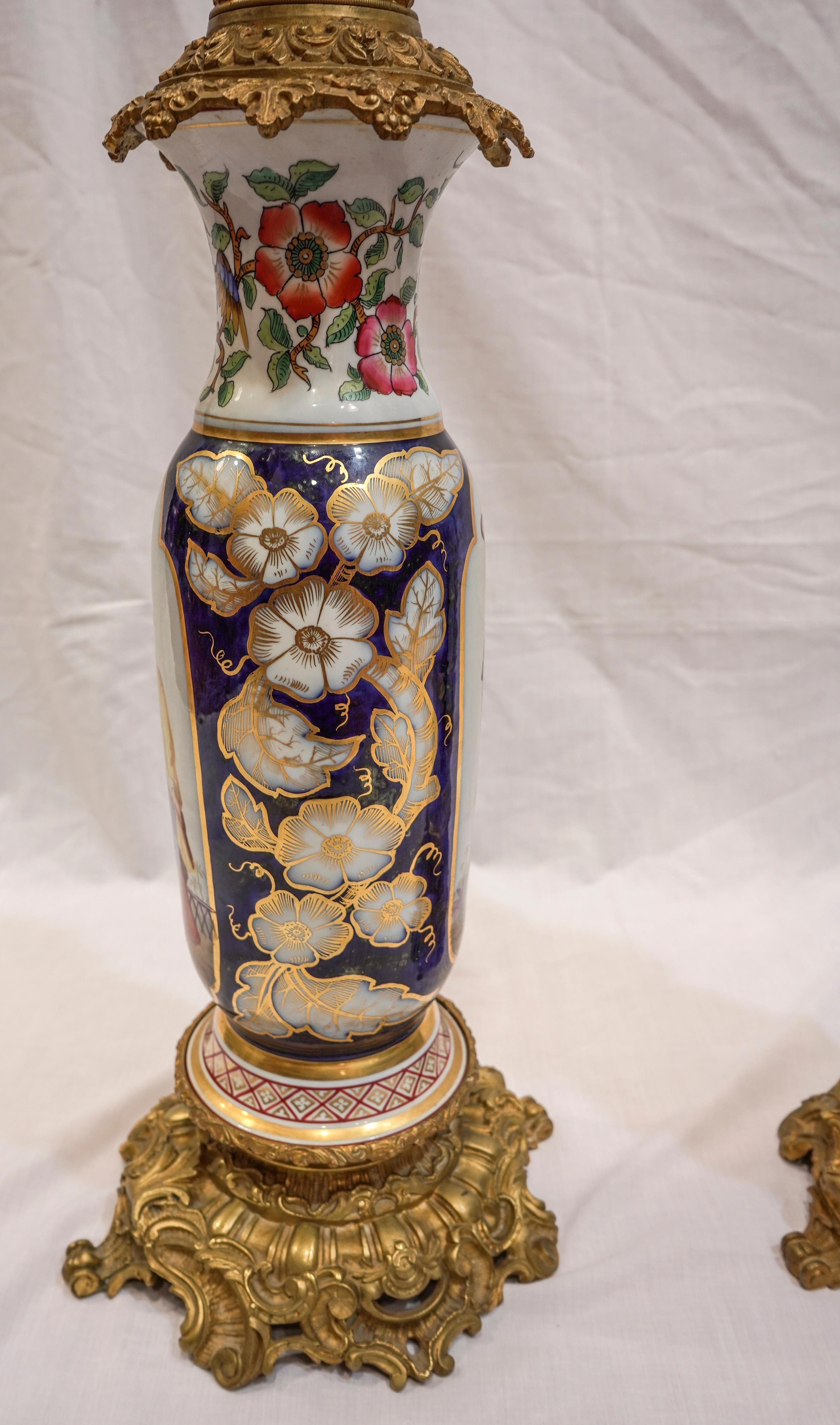 19th Century Cobaltblue Samson Porcelain Vases Made Oil Lamps, Ormolu Bronzes 2