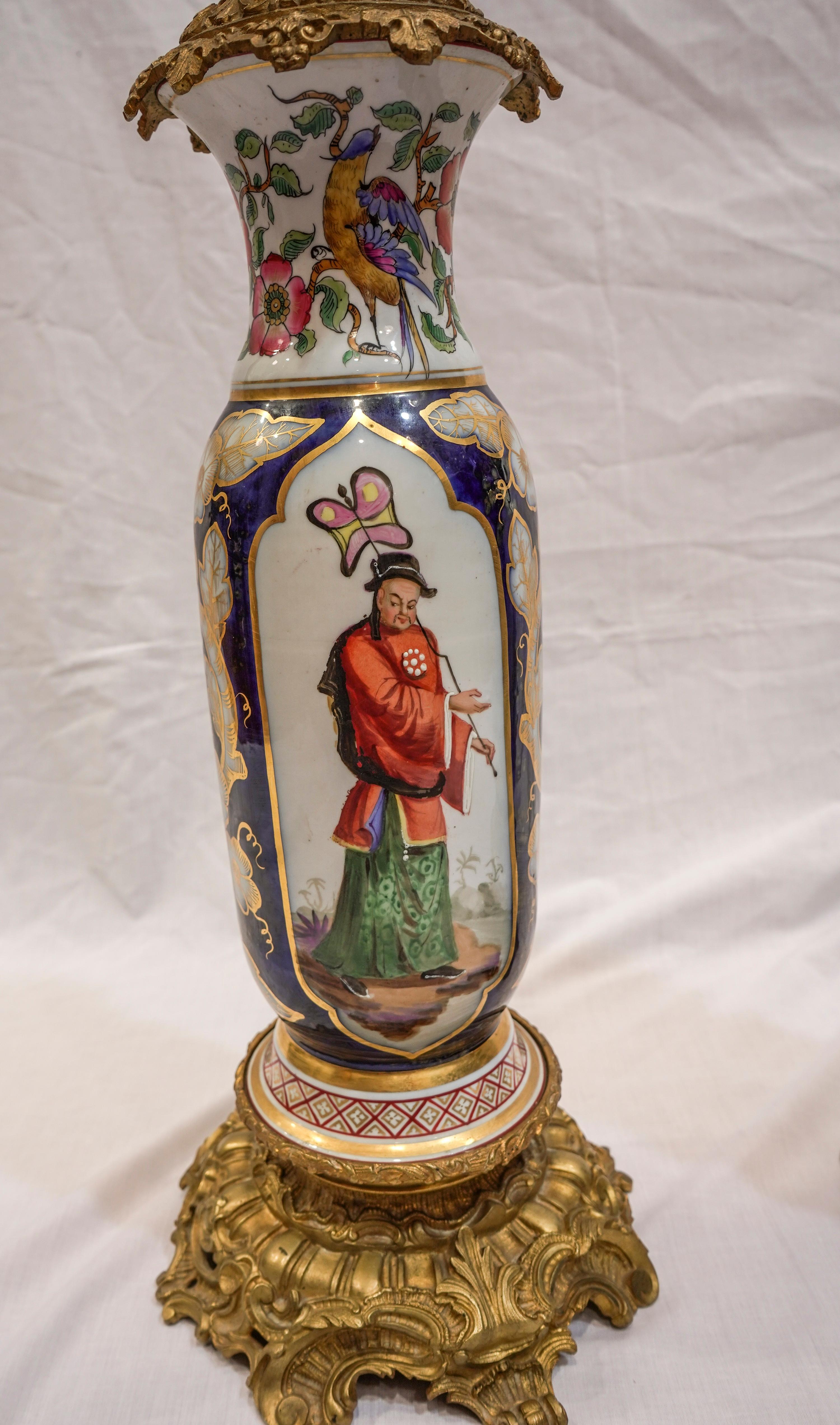 19th Century Cobaltblue Samson Porcelain Vases Made Oil Lamps, Ormolu Bronzes 3