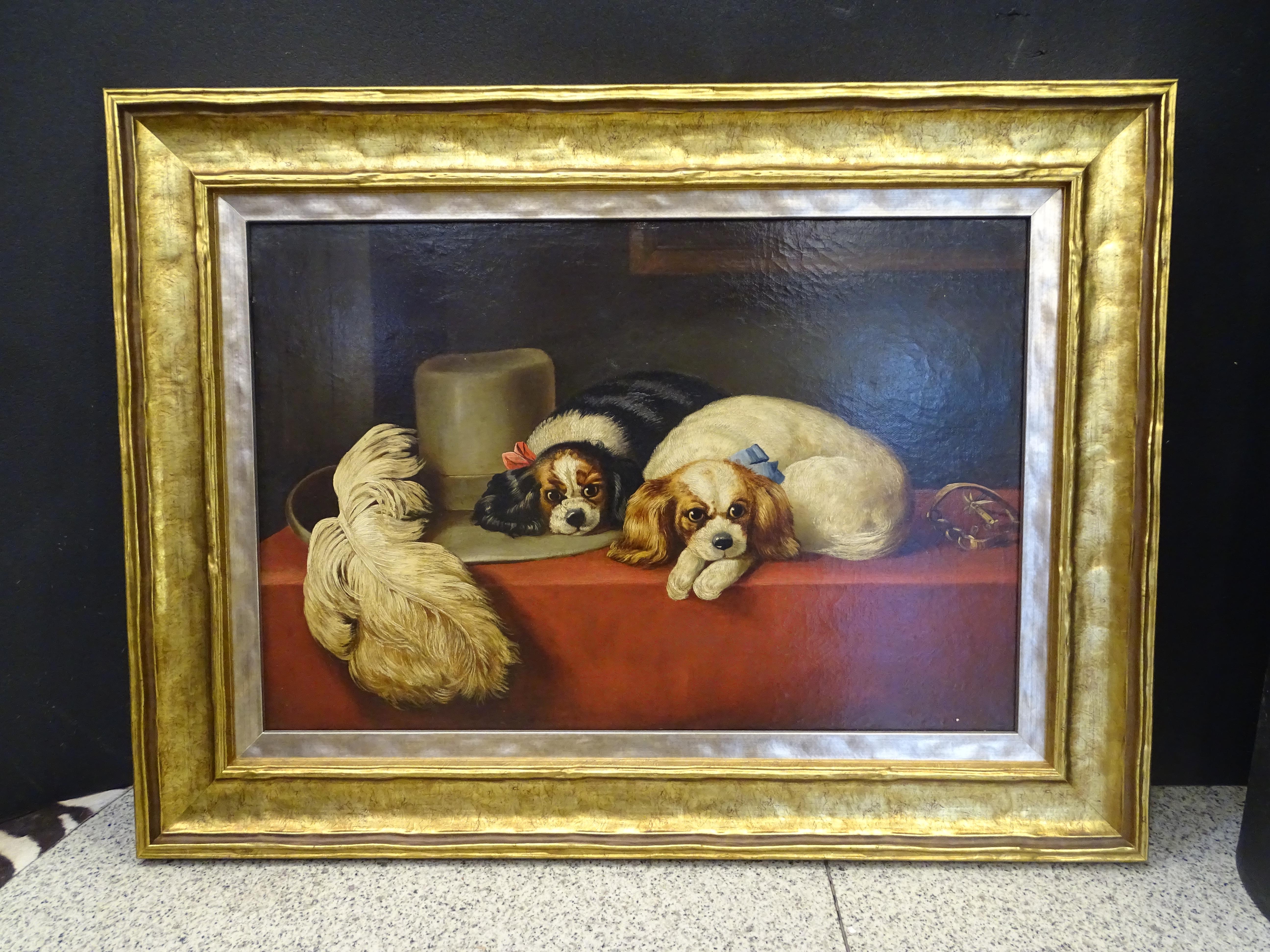 Beautiful painting oil on canvas, 19th century in the English context. The scene describes two dogs of the Cavalier King breed, in relation to the nobility and royalty of that geographical context. The pets are portrayed with realism and a certain