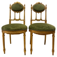 19th Century French Green Gilded Wood Pair of Chairs, Napoleon III, Velvet