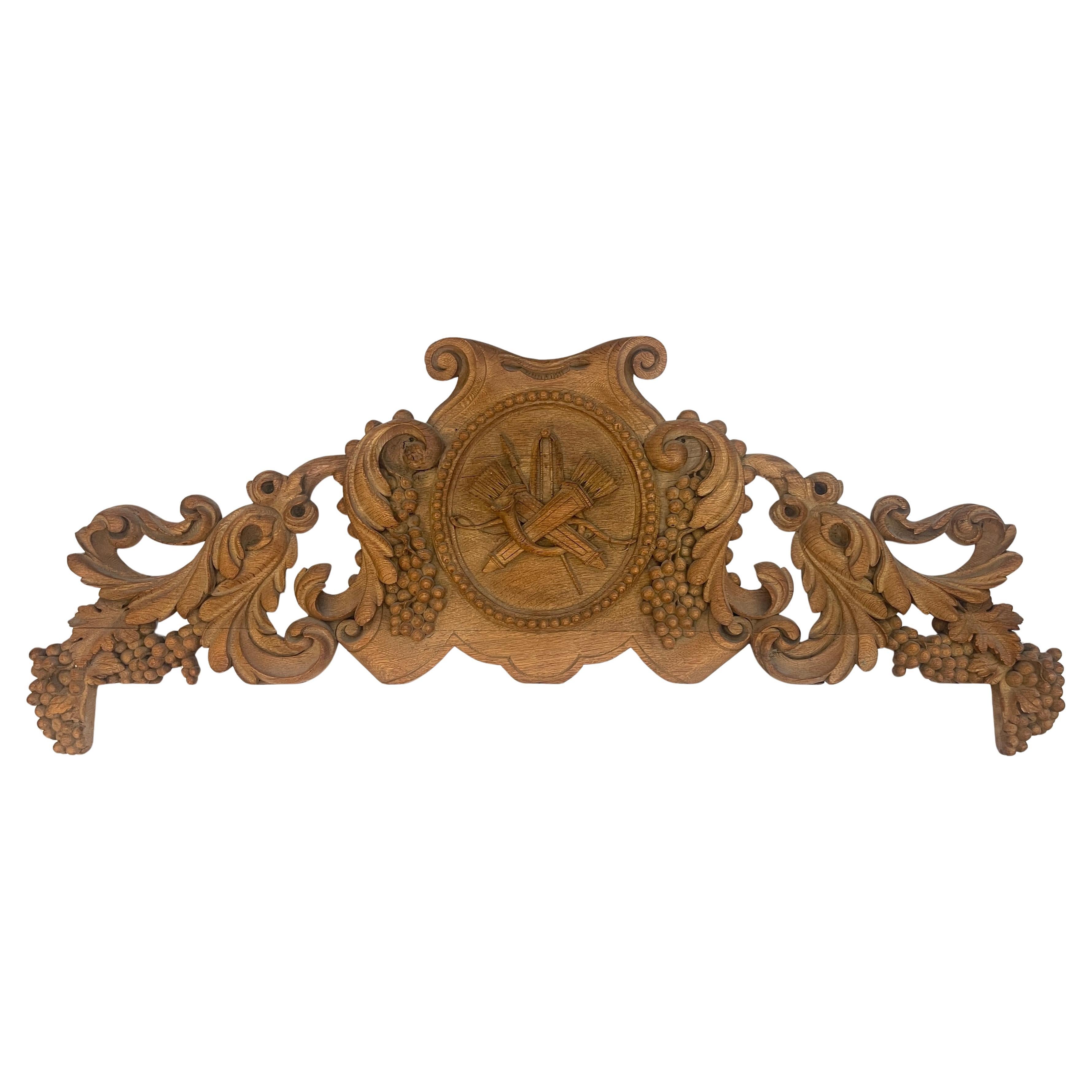 19Th.Century Rare French Solid Oak Hand Carved Over-Door Panel For Sale