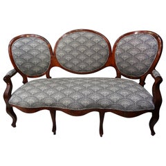 19th French Walnut Armchair  White and Black Fabric  Armchair Loveseat