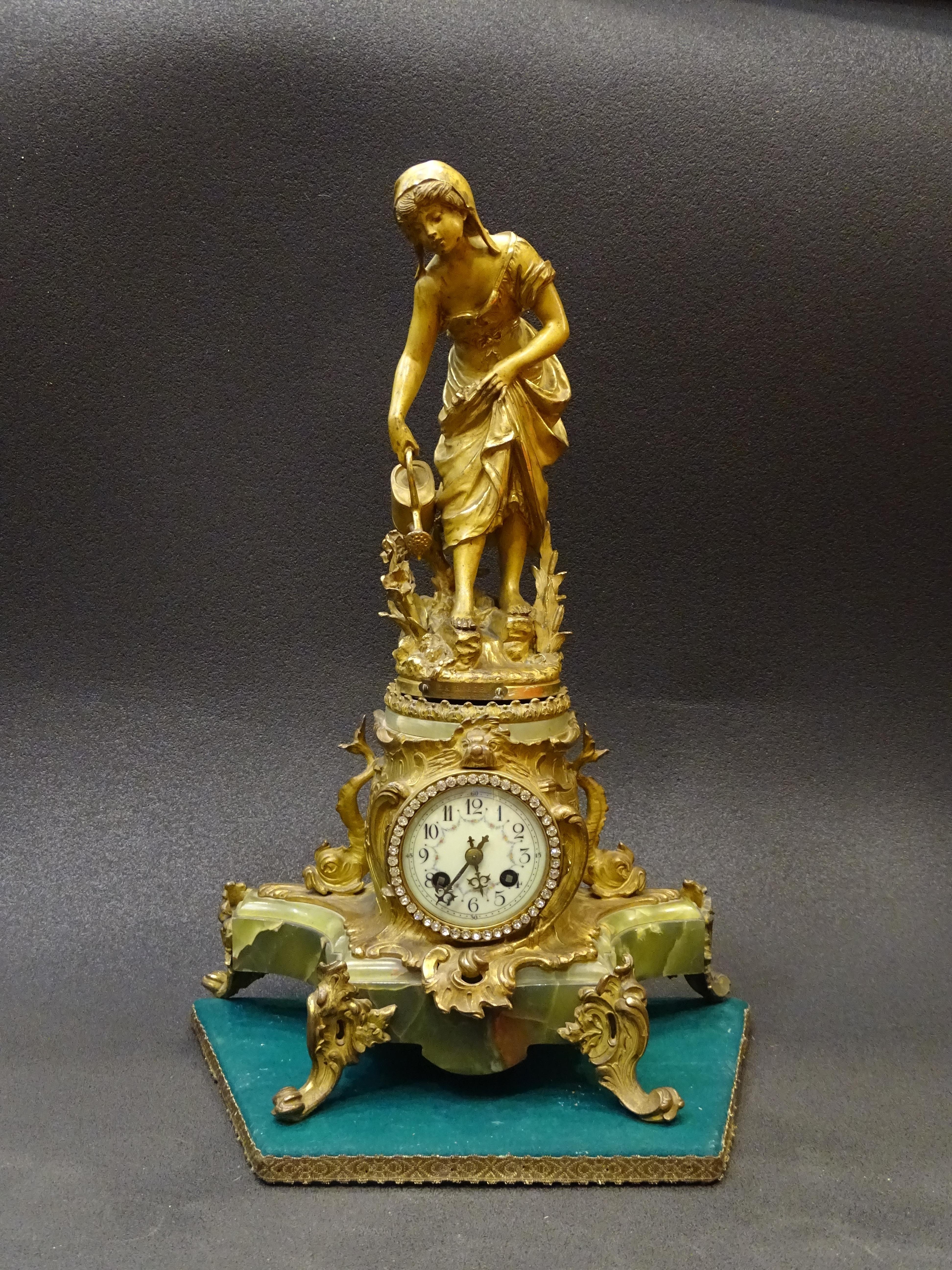 French 19thcenturyfrench Mantelclock Sculpture Moureau, Bronce and Marble