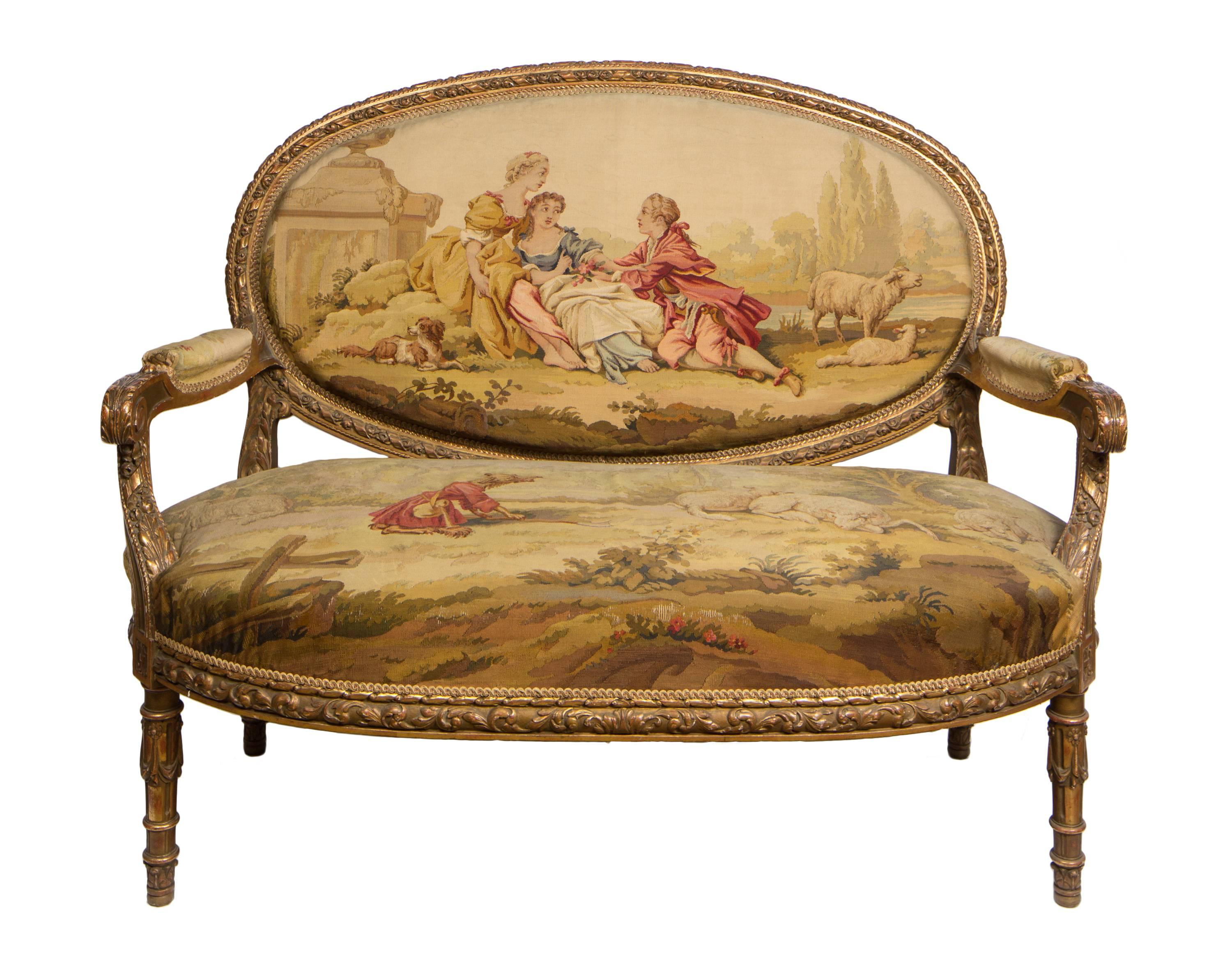 19th Century French Aubusson Carved Giltwood Salon� Suite with Settee and Chairs In Good Condition In Madrid, ES