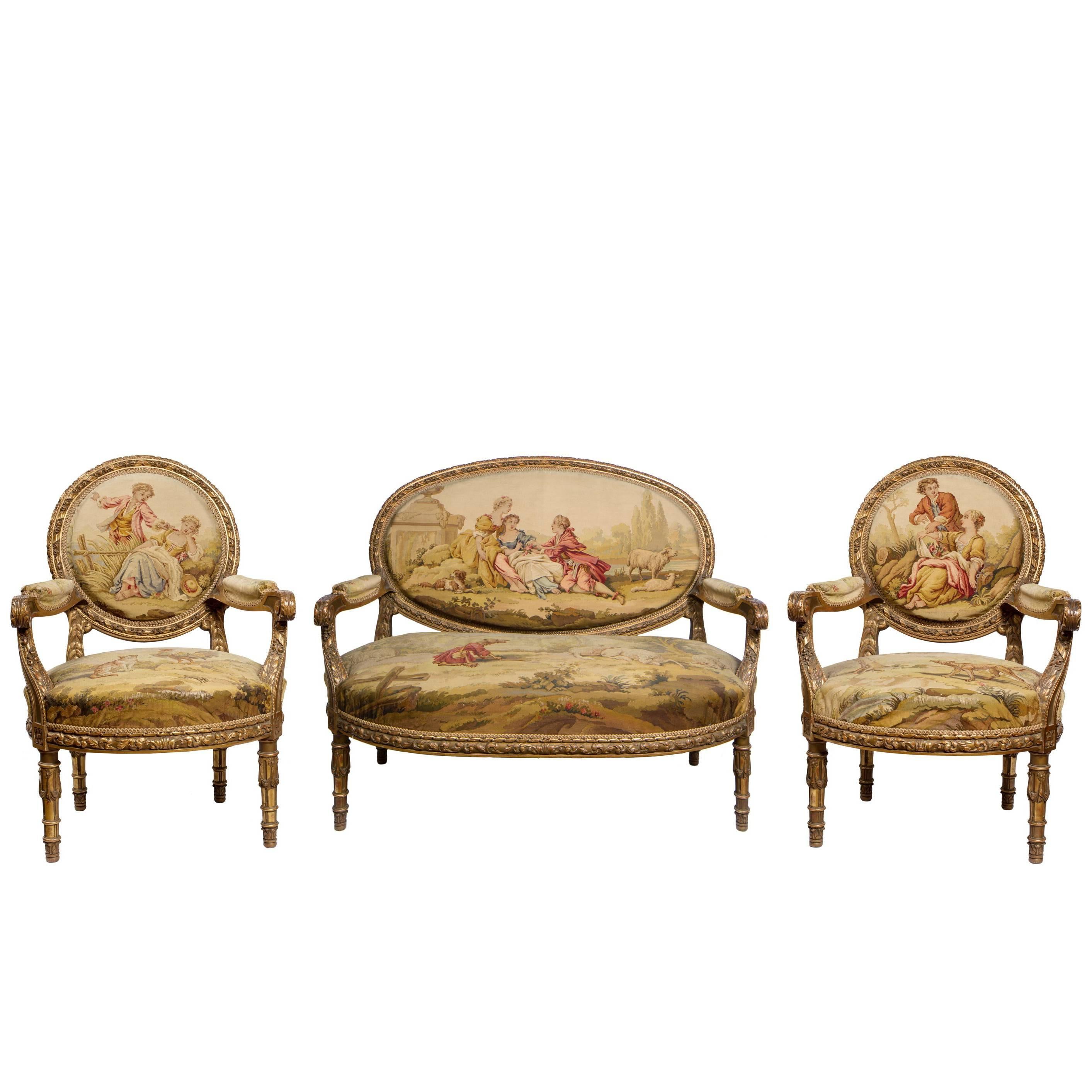 19th� Century French Aubusson Carved Giltwood Salon Suite with Settee and Chairs