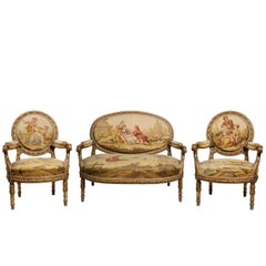 19th Century French Aubusson Carved Giltwood Salon Suite with Settee and Chairs