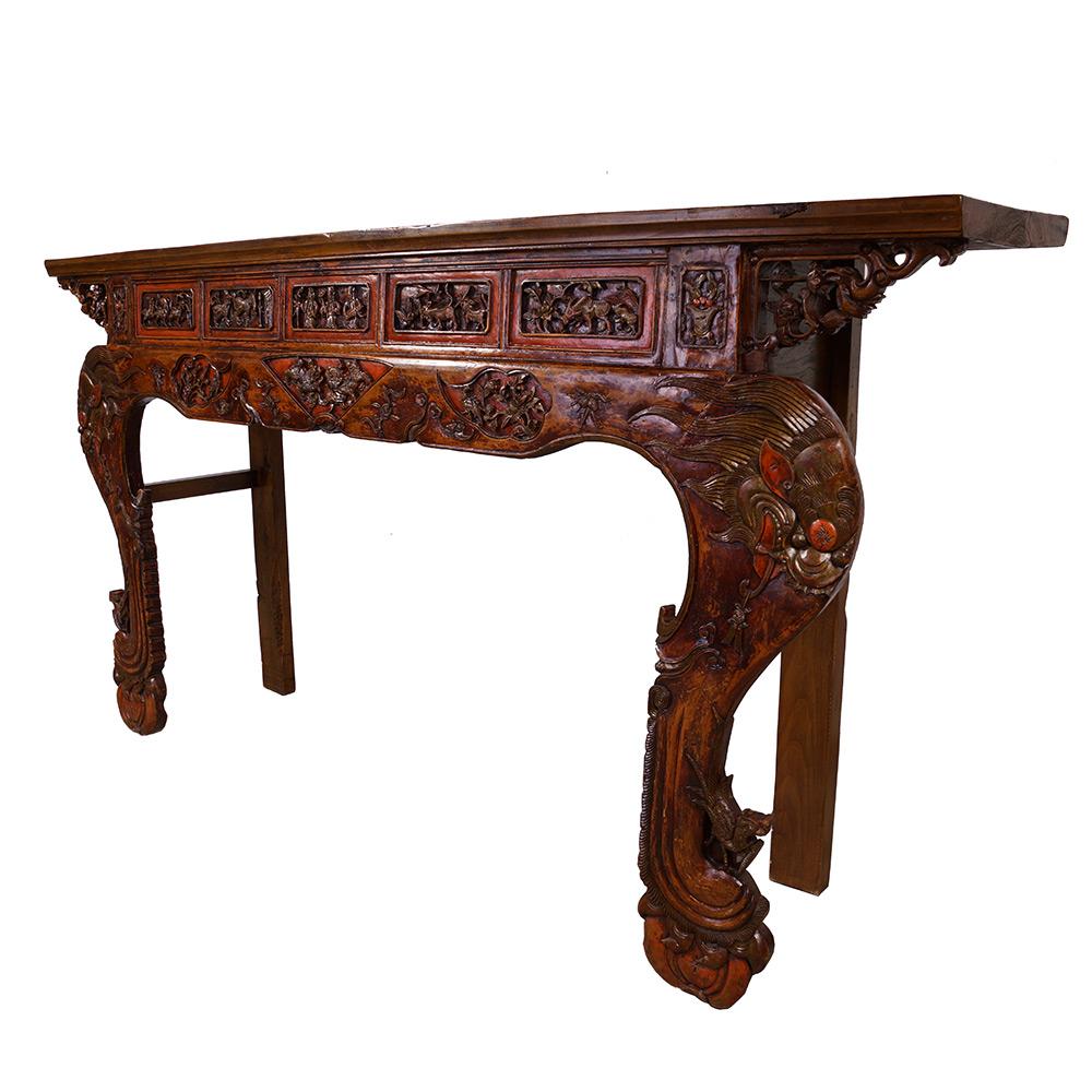 Size: 46in H x 87in W x 17 1/4in D
Origin: Zhejiang, China
Circa: 1800 - 1900
Material: Cypress wood
Condition: Solid wood construction, very heavy and sturdy, deep carved spandrels. Minor blemishes due to age
Look at this Antique long Altar table