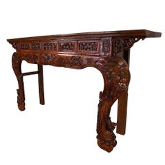 19the Century Antique Chinese Carved Red Lacquered Altar Table/Entry Console