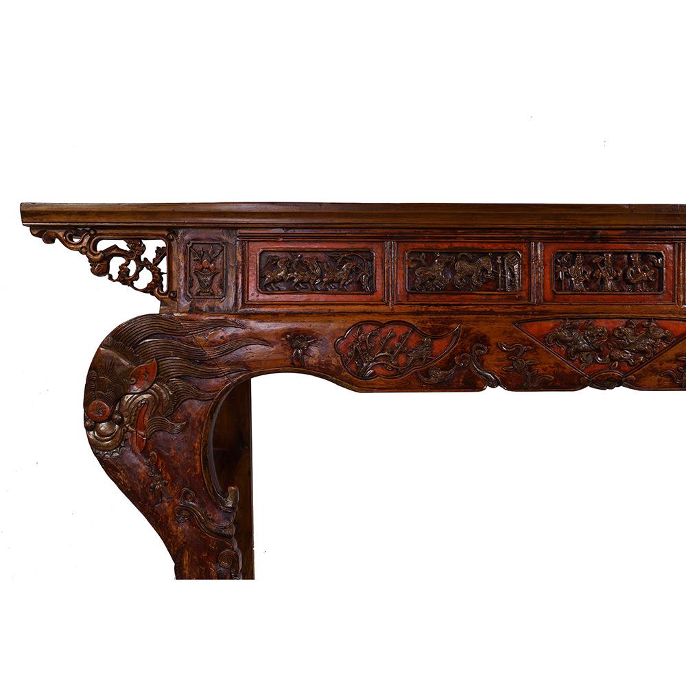 Exportation chinoise Table d'entrée/table d'entrée chinoise ancienne du 19ème siècle en laque rouge sculptée en vente