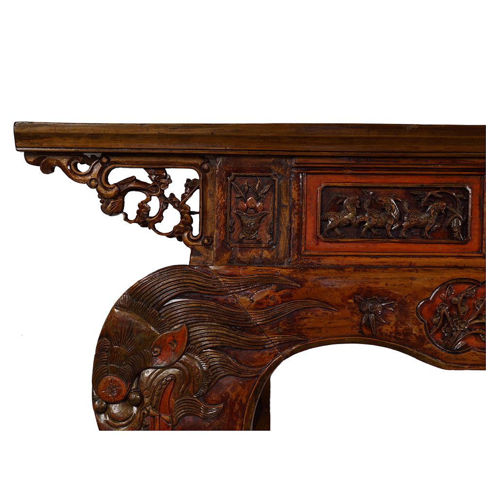 19the Century Antique Chinese Carved Red Lacquered Altar Table/Entry Console In Good Condition For Sale In Pomona, CA