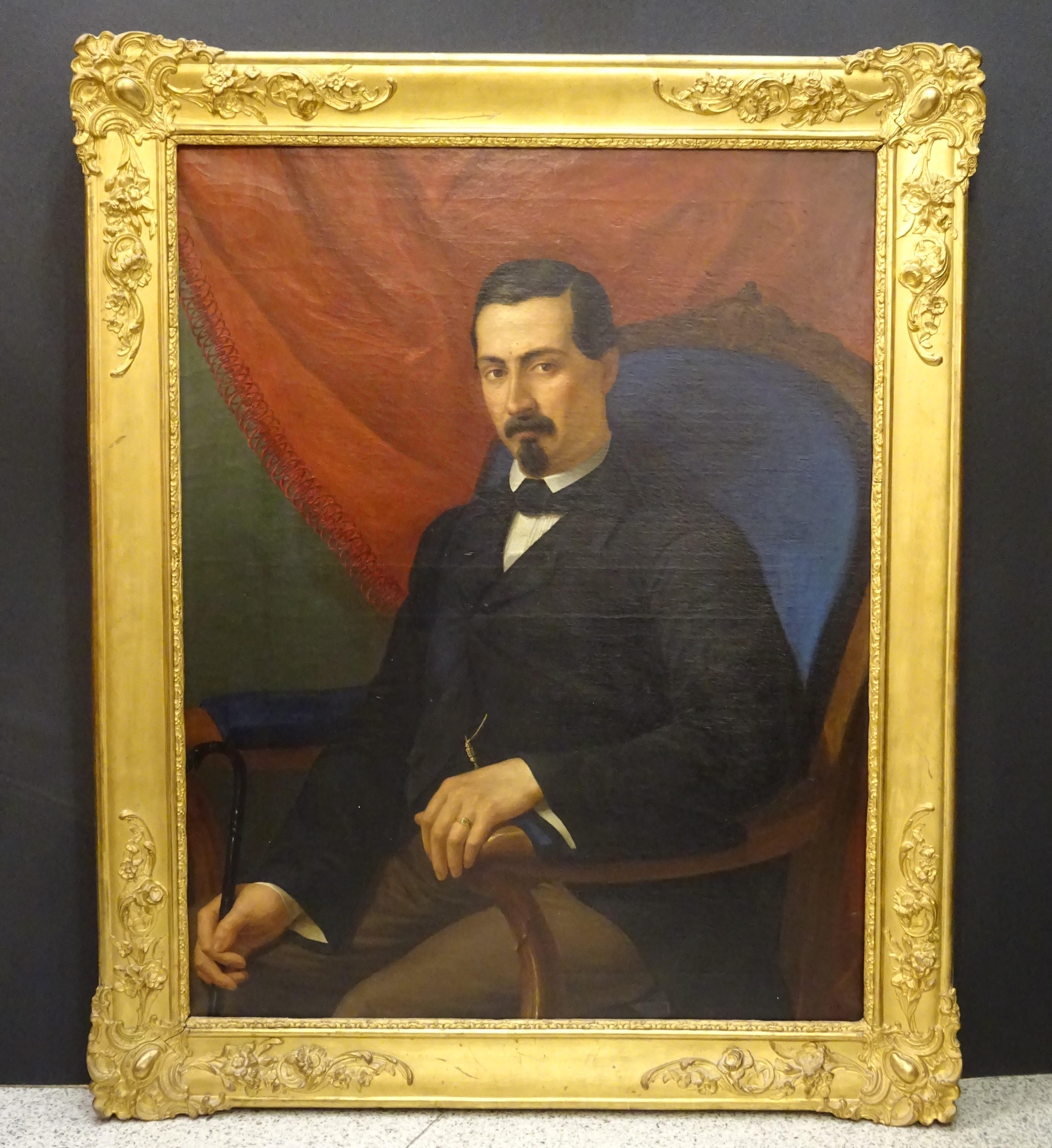 19th Painting Portrait of Spanish Bourgeois, Oil on Canvas, Gilt Carved Frame 13