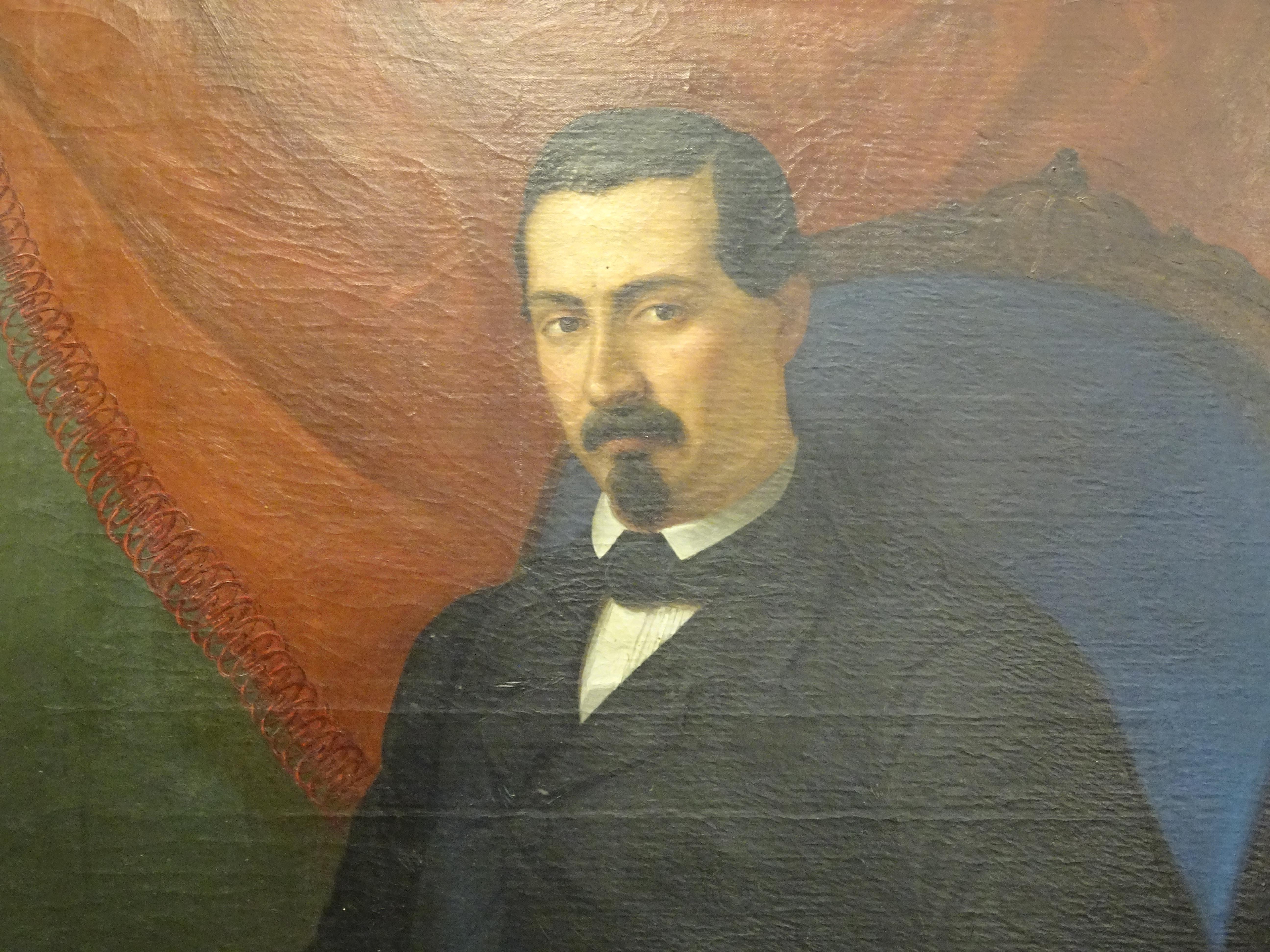 19th Painting Portrait of Spanish Bourgeois, Oil on Canvas, Gilt Carved Frame In Good Condition In Valladolid, ES