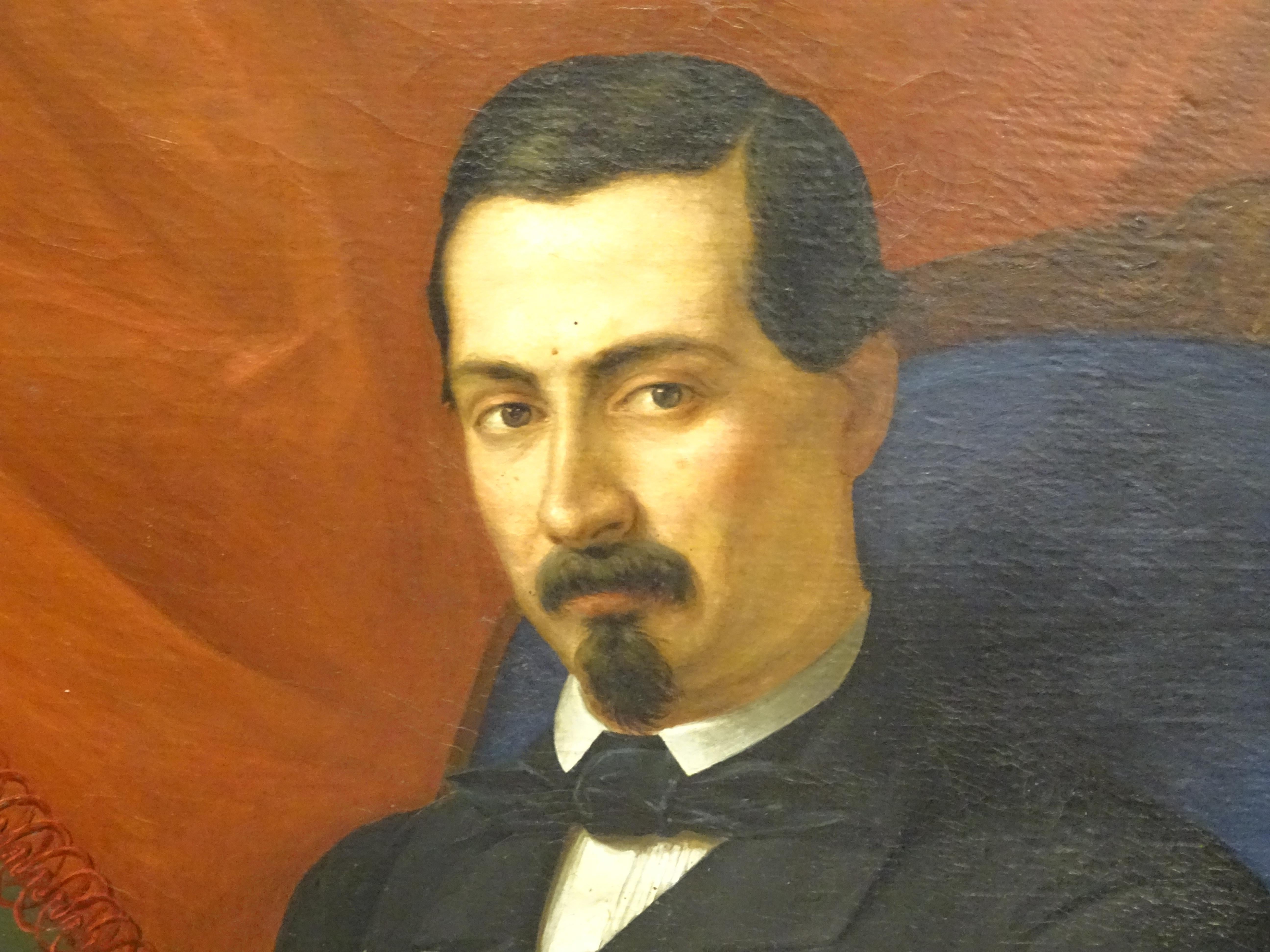 Mid-19th Century 19th Painting Portrait of Spanish Bourgeois, Oil on Canvas, Gilt Carved Frame