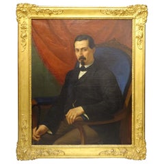 19th Painting Portrait of Spanish Bourgeois, Oil on Canvas, Gilt Carved Frame