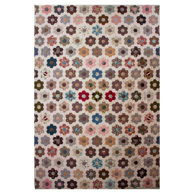 19th Antique Handmade "Mosaic Hexagons" Swedish Quilt, Dated 1860s For Sale