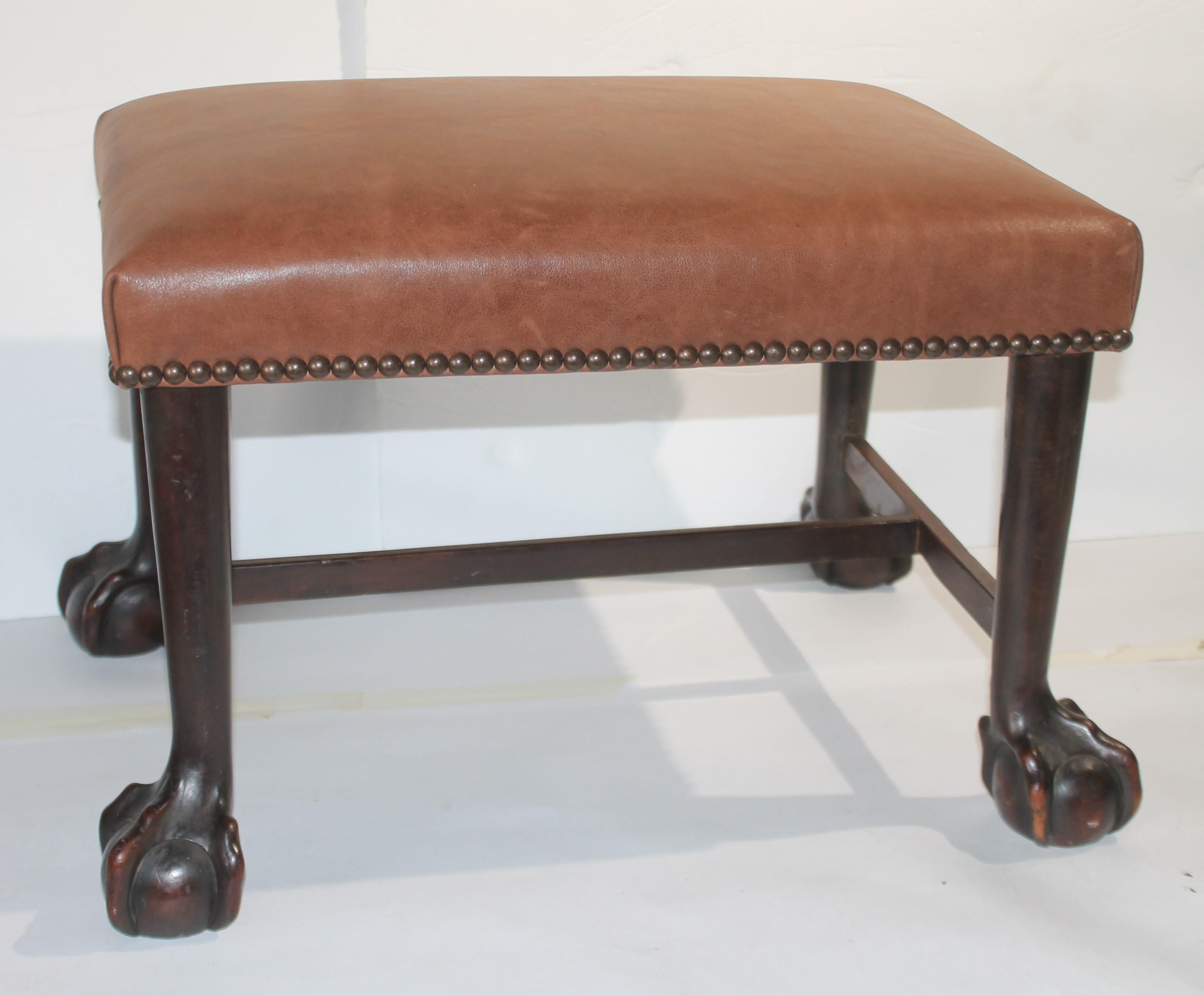 Adirondack 19thc Ball & Claw Ottoman / Bench Leather Seat For Sale