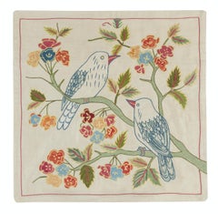 19"x19" 100% Silk Embroidered Cushion Cover. Bird Patterned Uzbek Throw Pillow