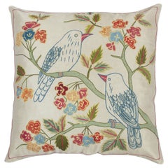19"x19" 100% Silk Embroidered Cushion Cover. Bird Patterned Uzbek Throw Pillow
