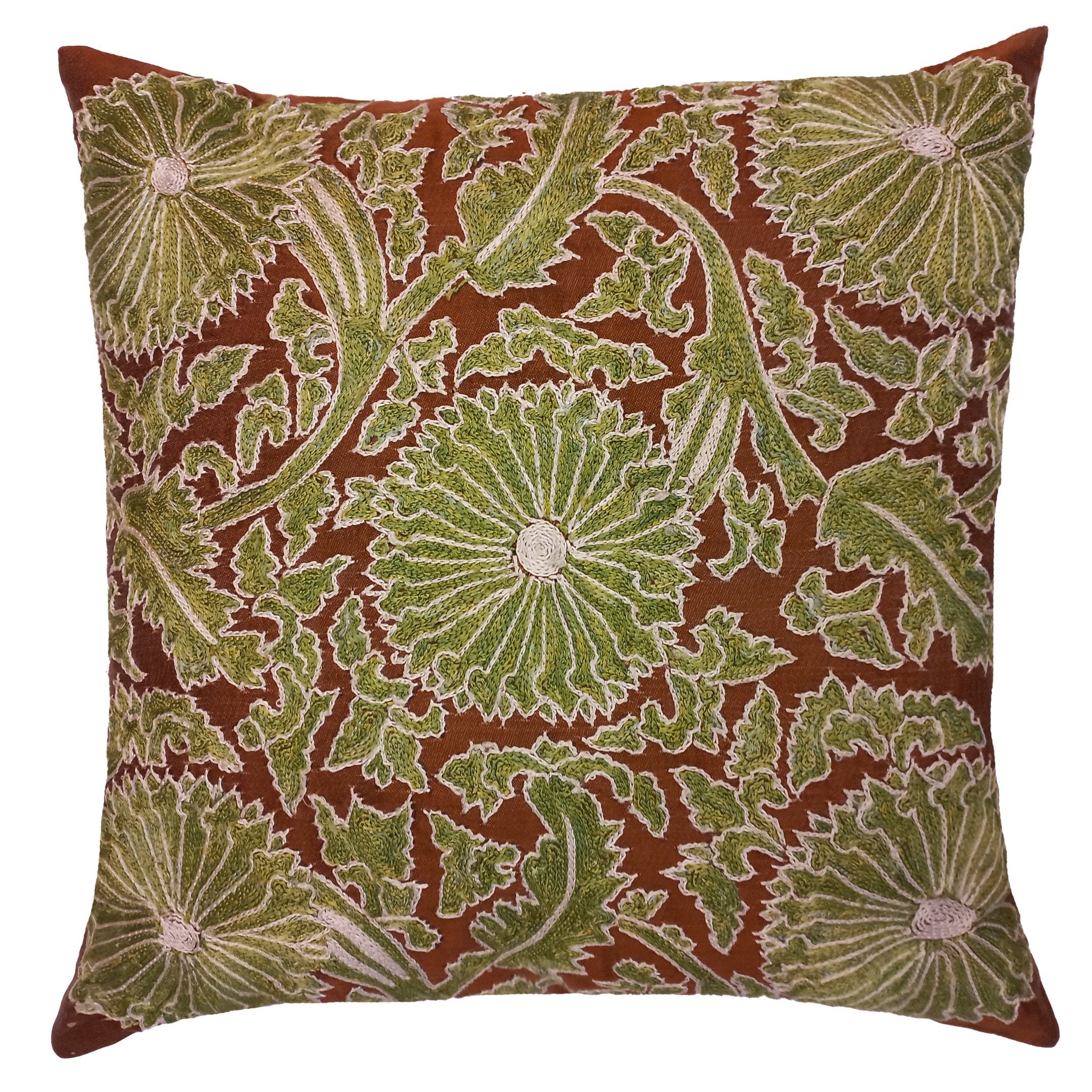 Housse de coussin en broderie 100 % soie de couleur marron et verte. Oreiller en tissu Suzani