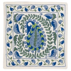 19"x19" 21st Century Hand Embroidered Silk Suzani Cushion Cover from Uzbekistan
