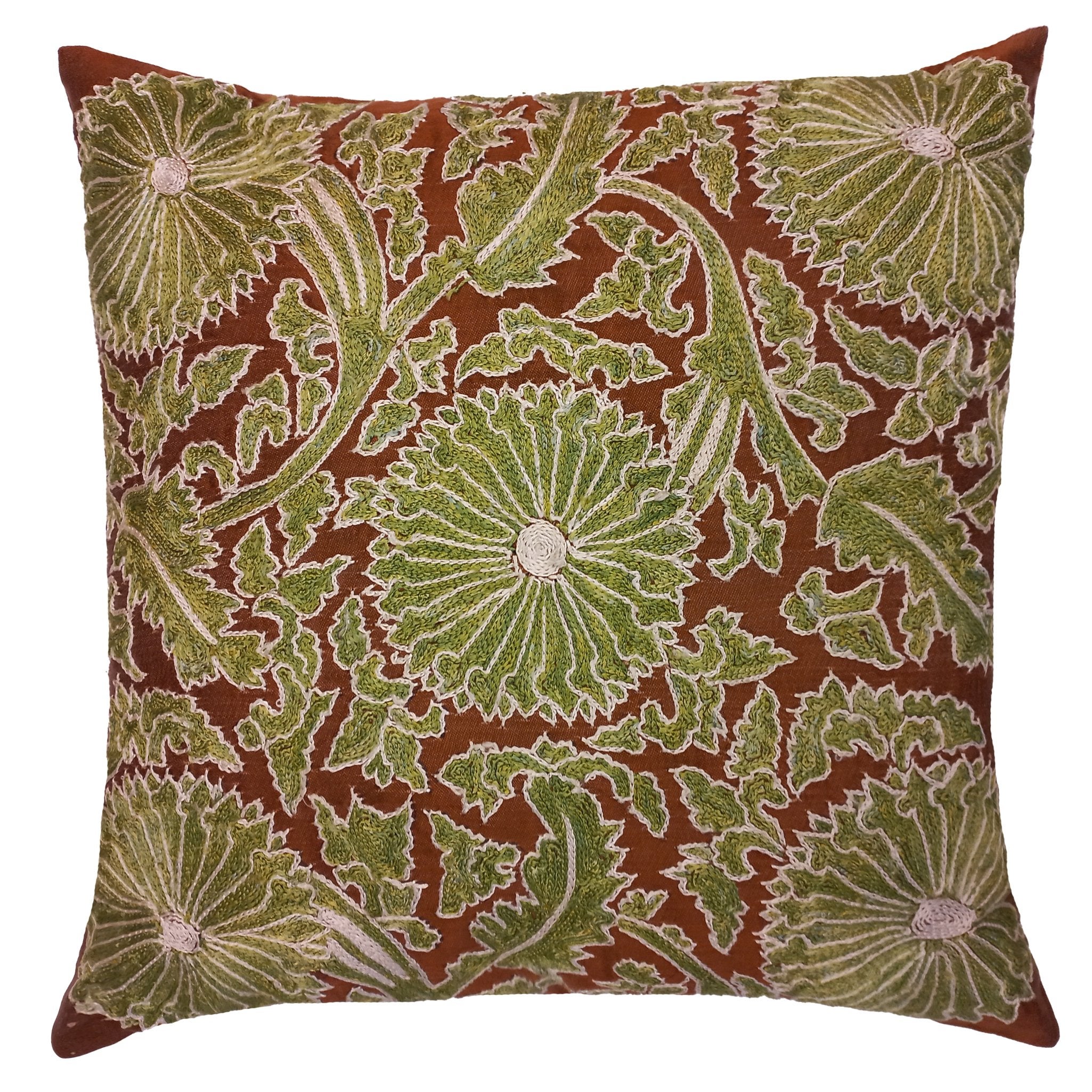 19"x19" Authentic 100% Silk Embroidered Suzani Cushion Cover in Brown & Green