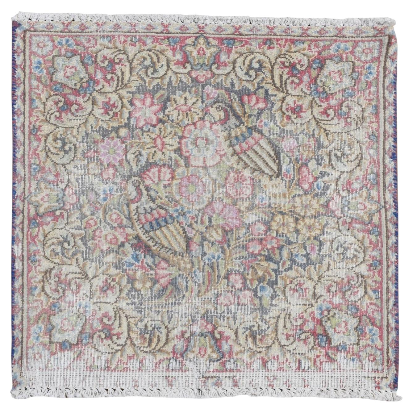 1'9"x1'9" Blue Vintage ZoroastrianKarman Birds Design Hand Knotted Worn Wool Rug