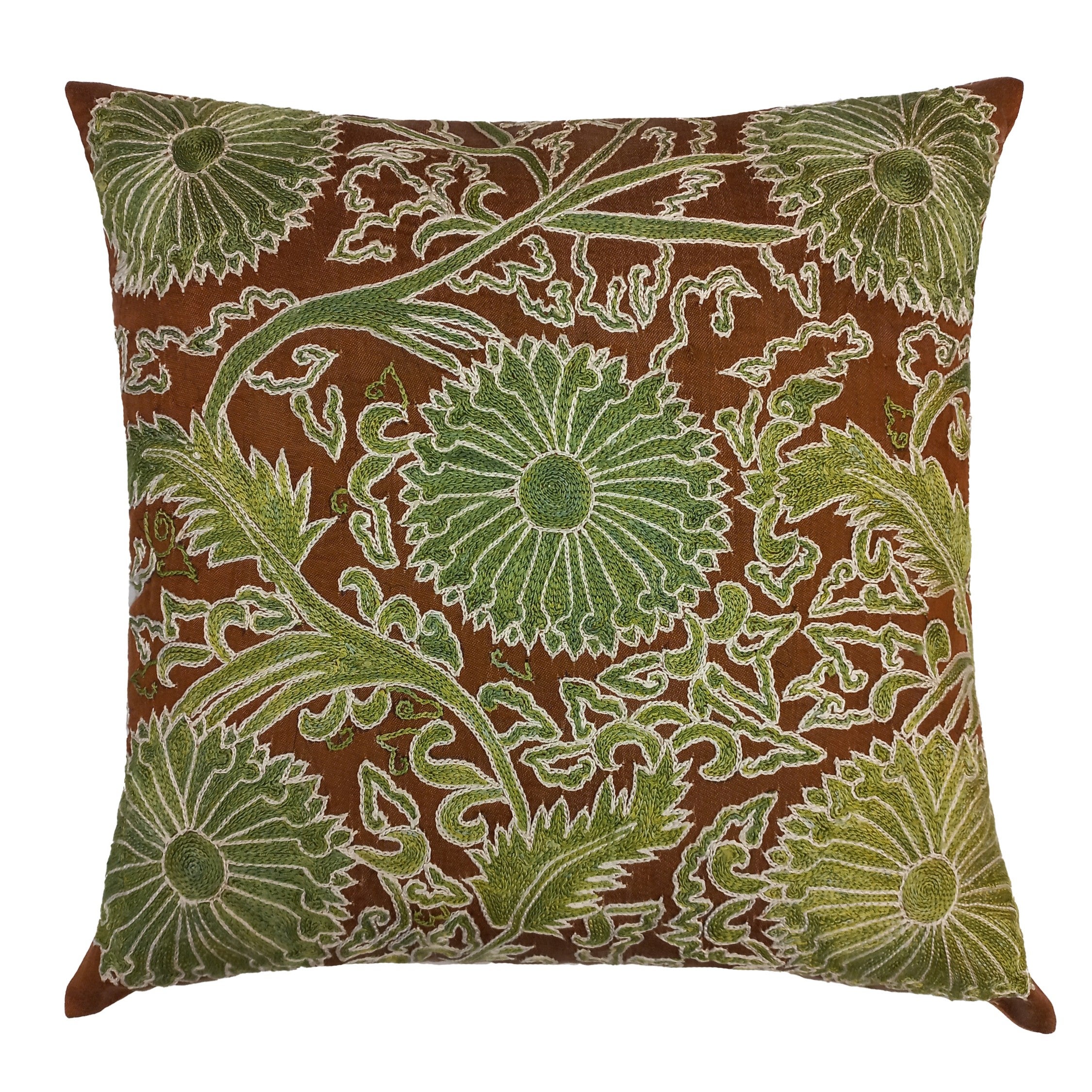 19"x19" Brown & Green Cushion Cover Made of 100% Silk, Embroidered Throw Pillow