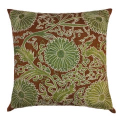 19 "x19" Brown & Greene Cushion Cover Made of 100% Silk, Embroidered Throw Pillow (housse de coussin brodée)