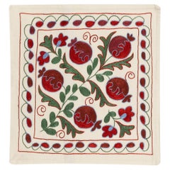 19"x19" Decorative Silk Embroidered Suzani Cushion Cover in Cream, Red and Green