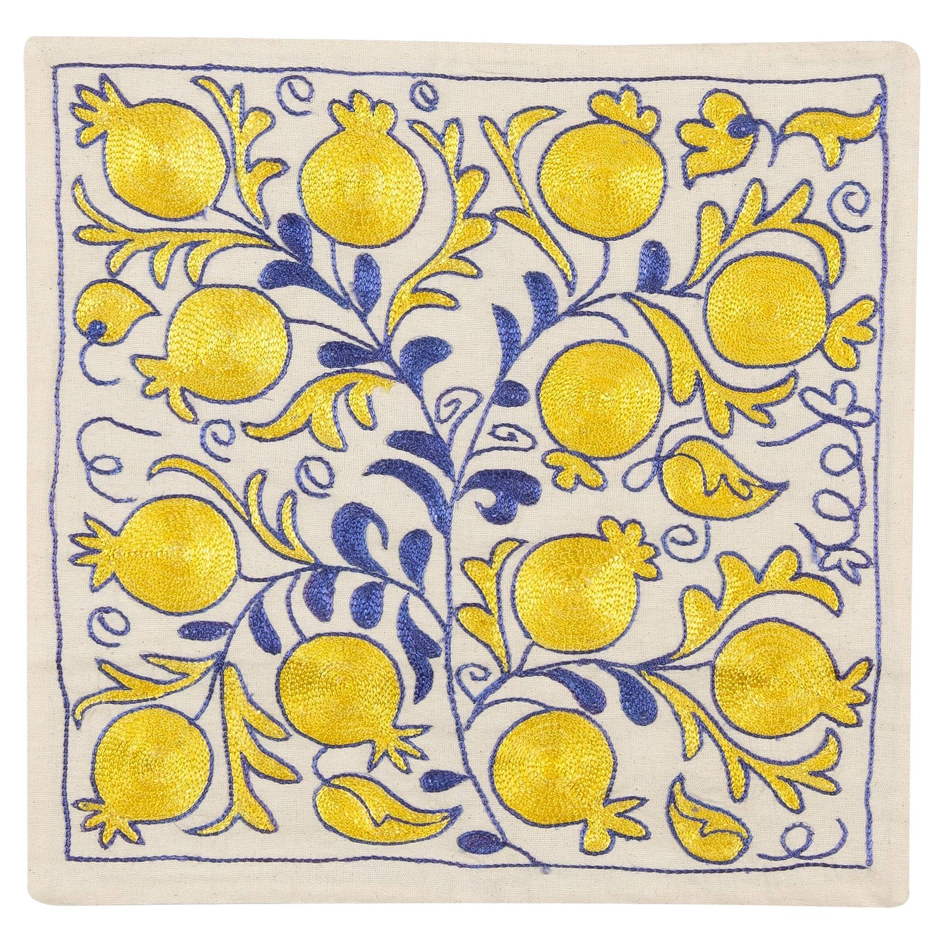 19"x19" Modern Silk Embroidered Suzani Cushion Cover in Ivory, Yellow & Blue