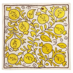 19"x19" Embroidered Cushion Cover in Ivory & Yellow. Suzani Lace Pillow Cover